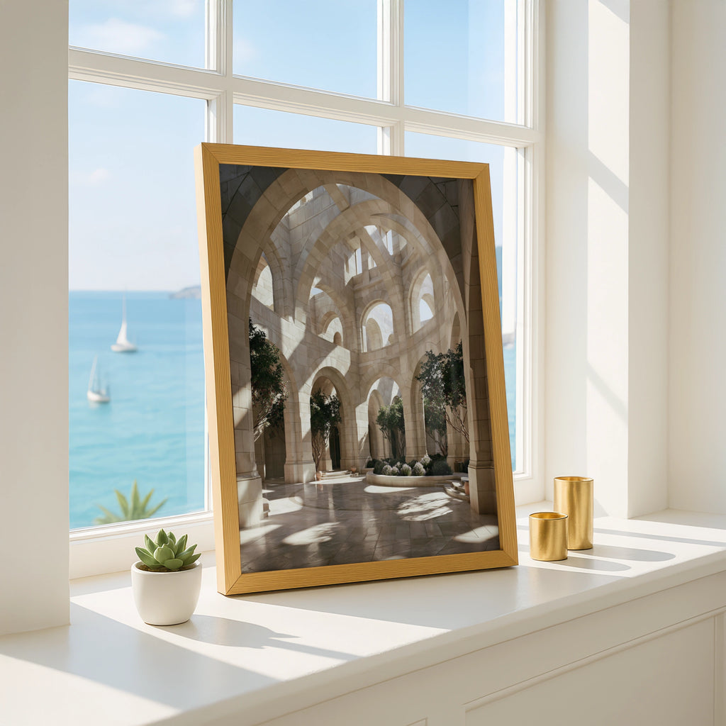 Travertine Courtyard Arches Poster, Stone Architecture Print, Neutral Beige Wall Art
