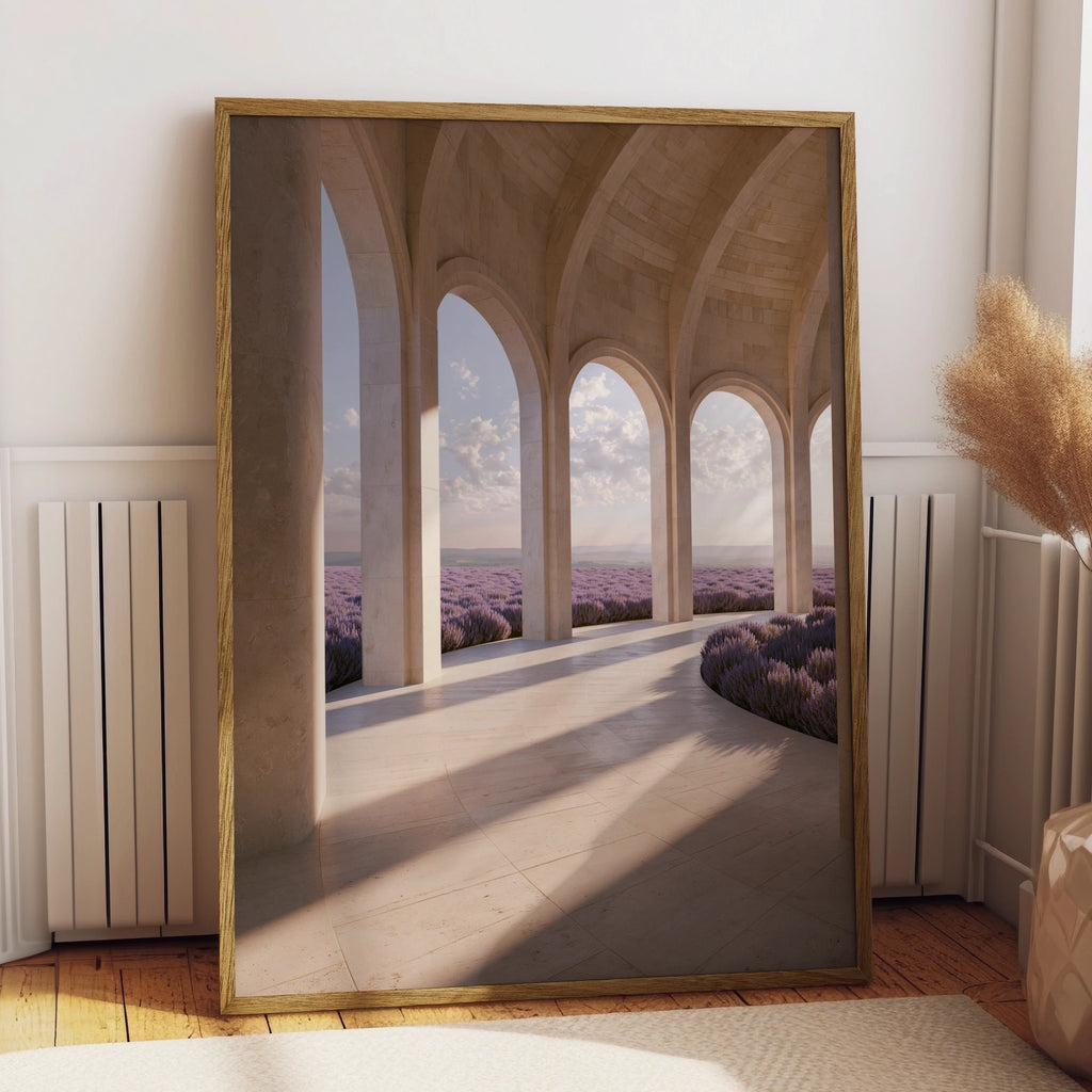 Lavender Field Arches Poster, Travertine Colonnade Wall Art, Botanical Architecture Print