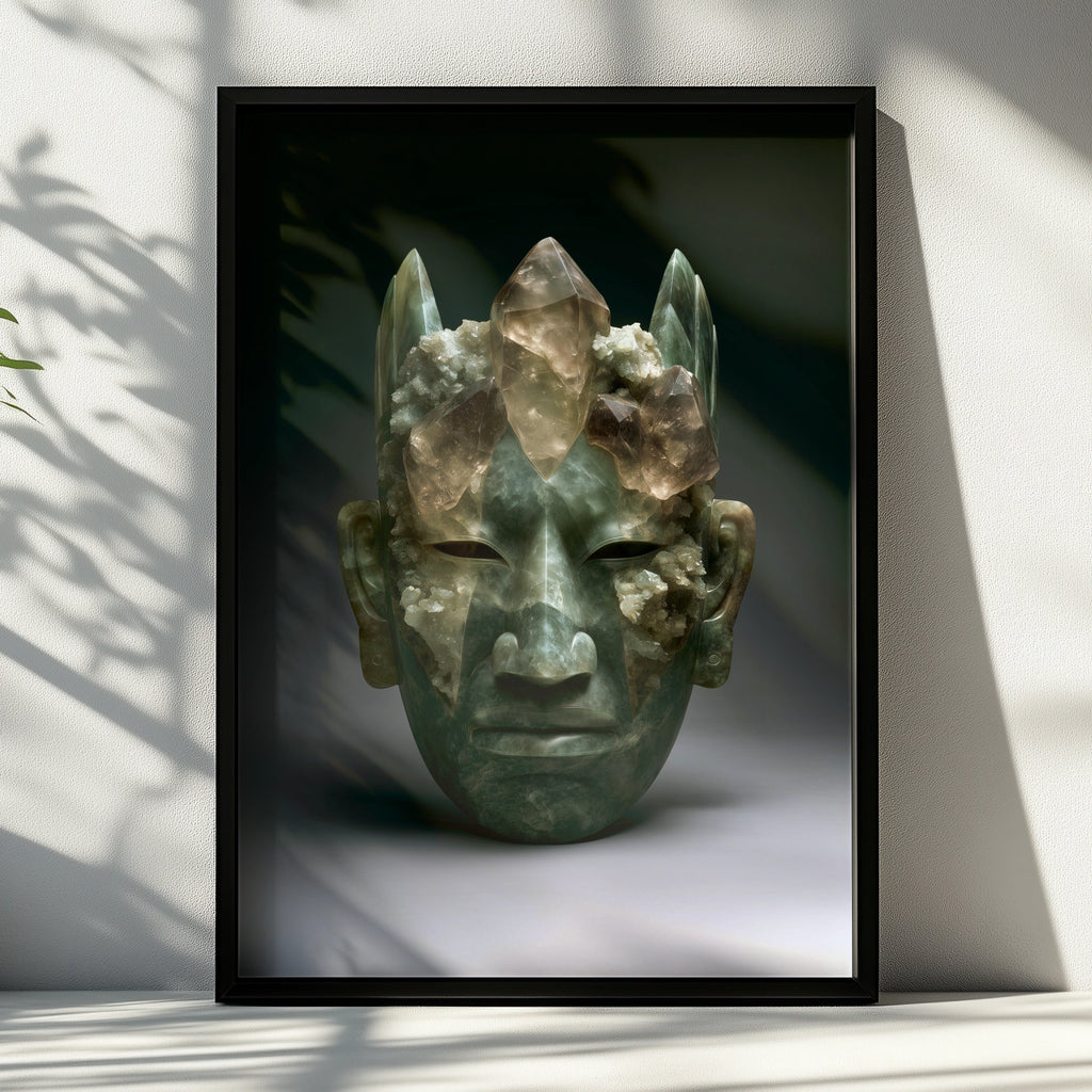 Maya Olmec Jade Mask Crystal Poster, Ancient Mesoamerican Wall Art Print