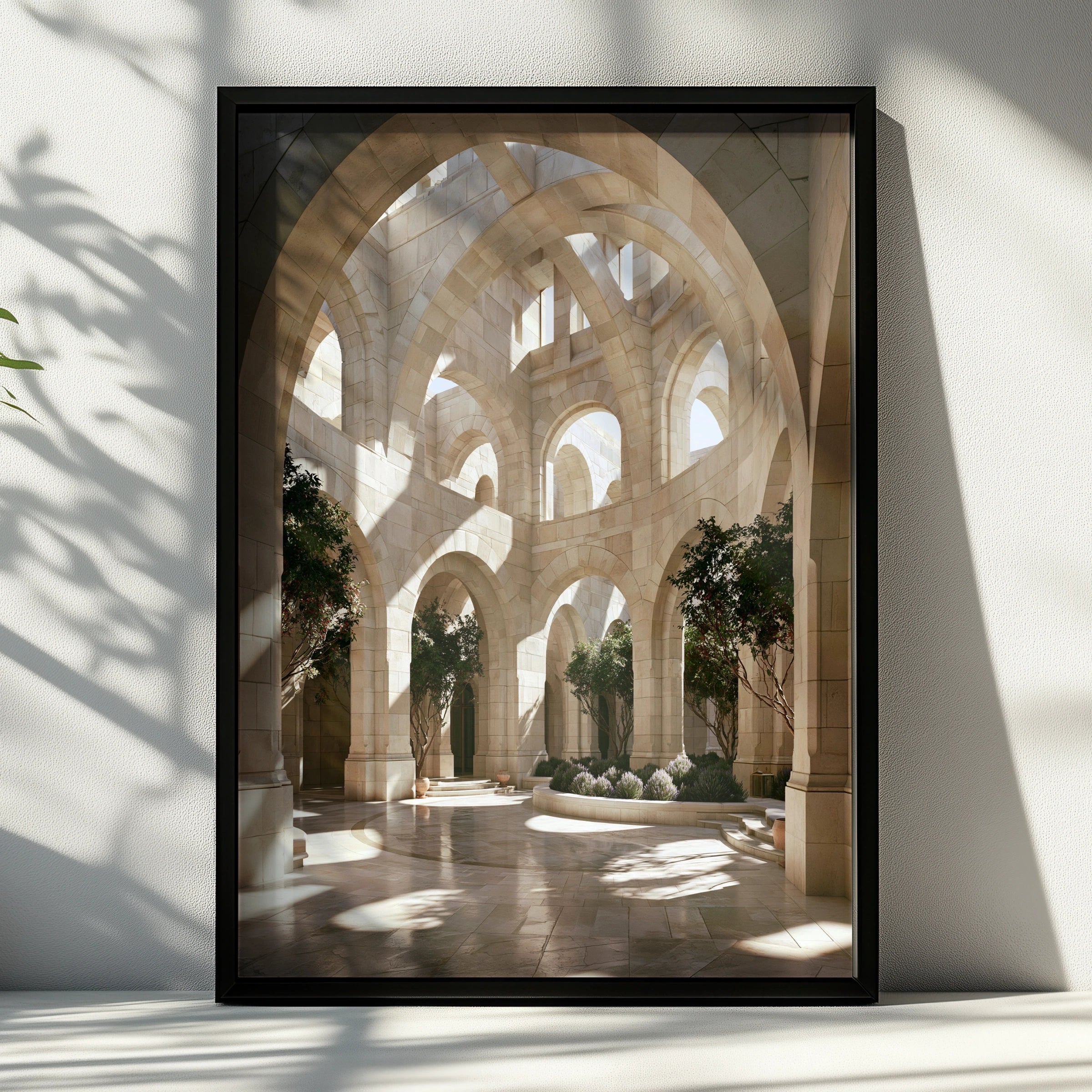 Travertine Courtyard Arches Poster, Stone Architecture Print, Neutral Beige Wall Art