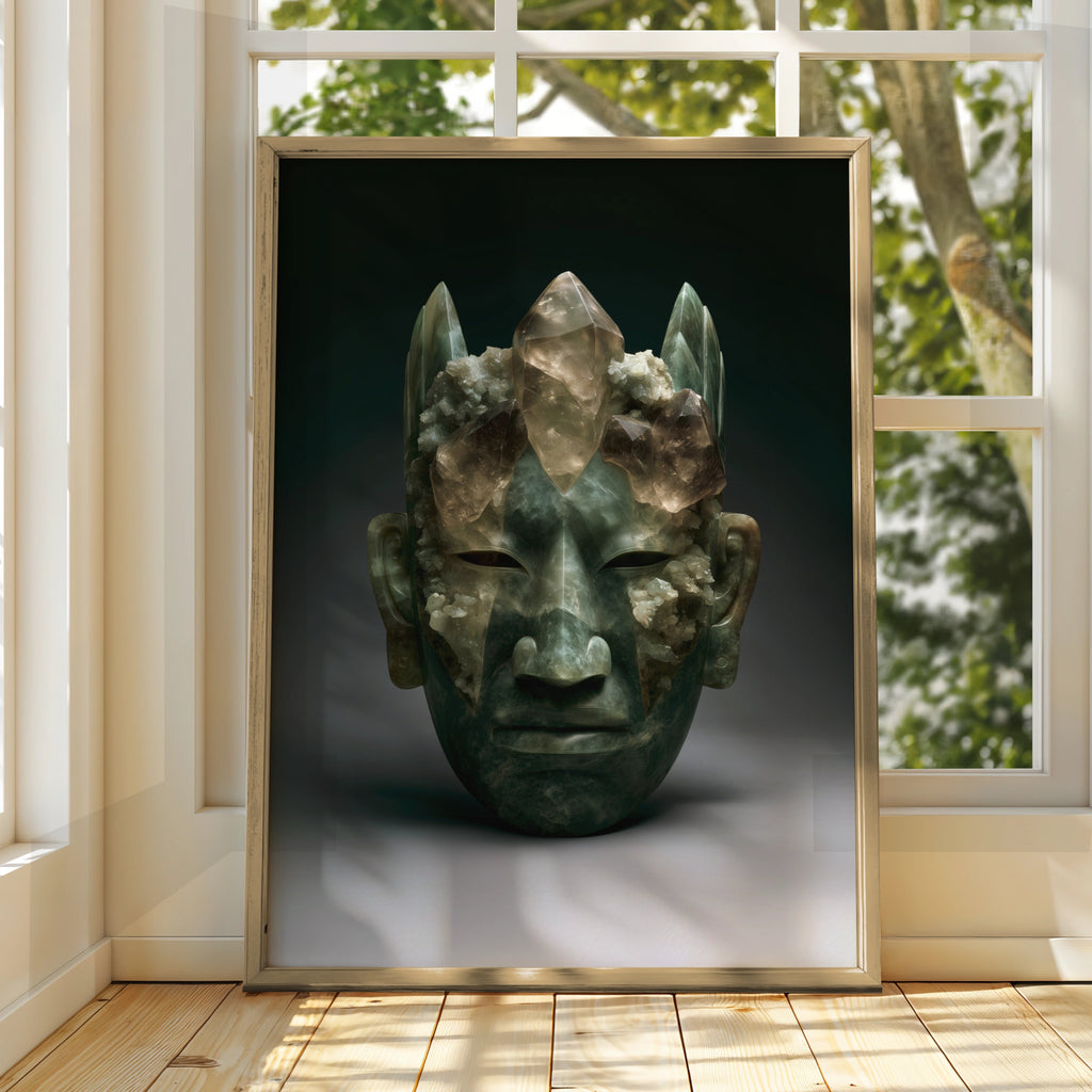 Maya Olmec Jade Mask Crystal Poster, Ancient Mesoamerican Wall Art Print