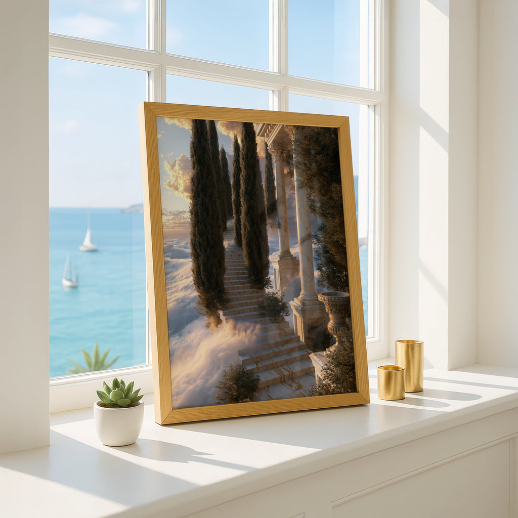 Stairway to Heaven Poster, Marble Steps Cypress Trees, Classical Architecture Art Print
