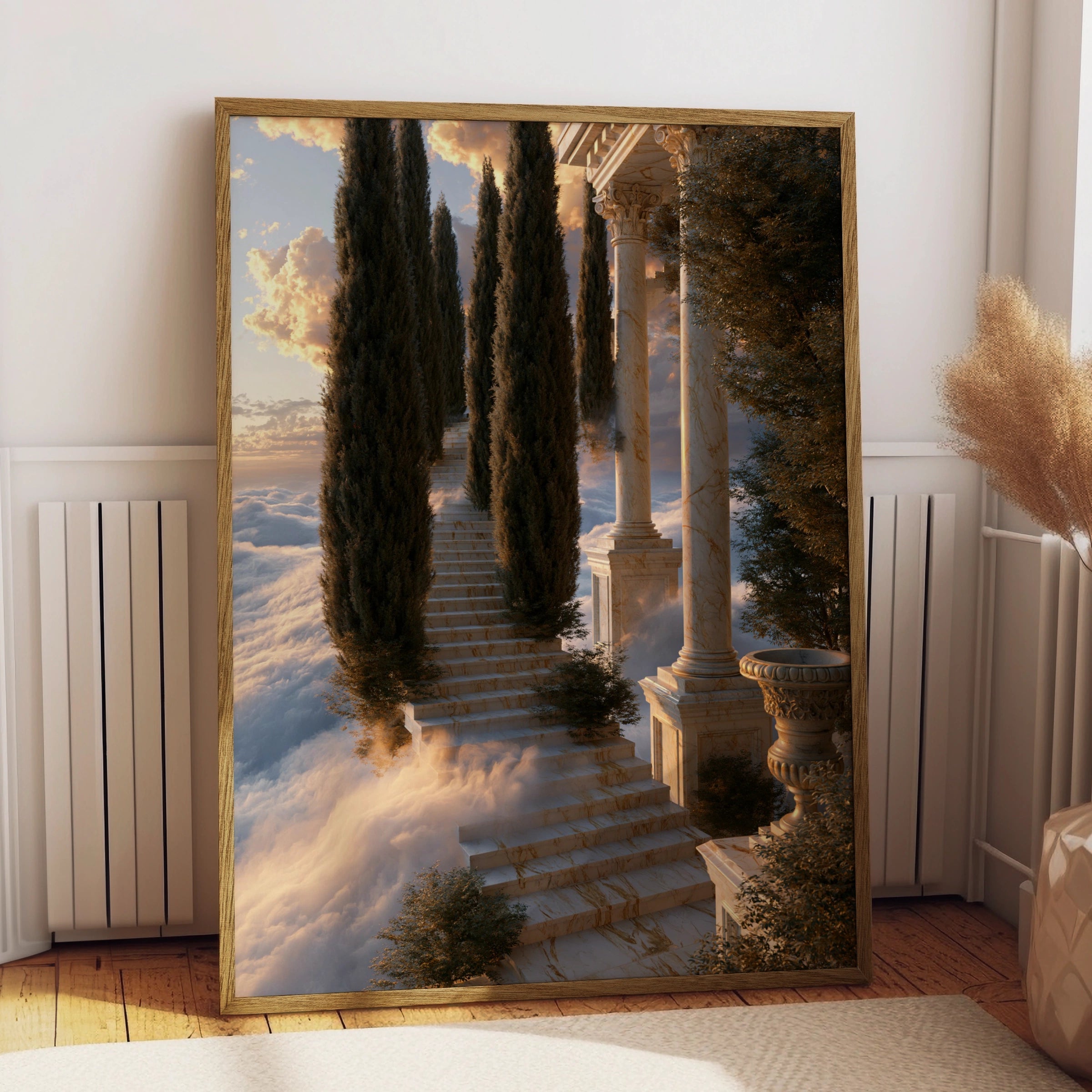 Stairway to Heaven Poster, Marble Steps Cypress Trees, Classical Architecture Art Print