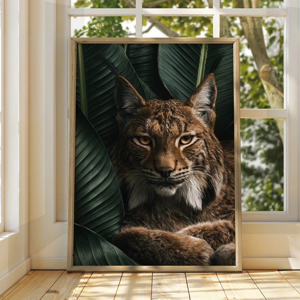 Lynx Portrait Tropical Leaves Wall Art Poster, Wild Cat Print