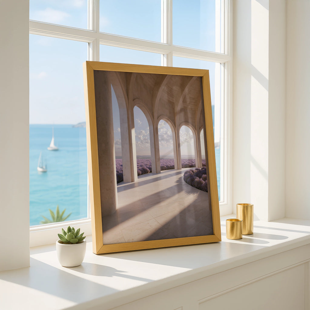Lavender Field Arches Poster, Travertine Colonnade Wall Art, Botanical Architecture Print