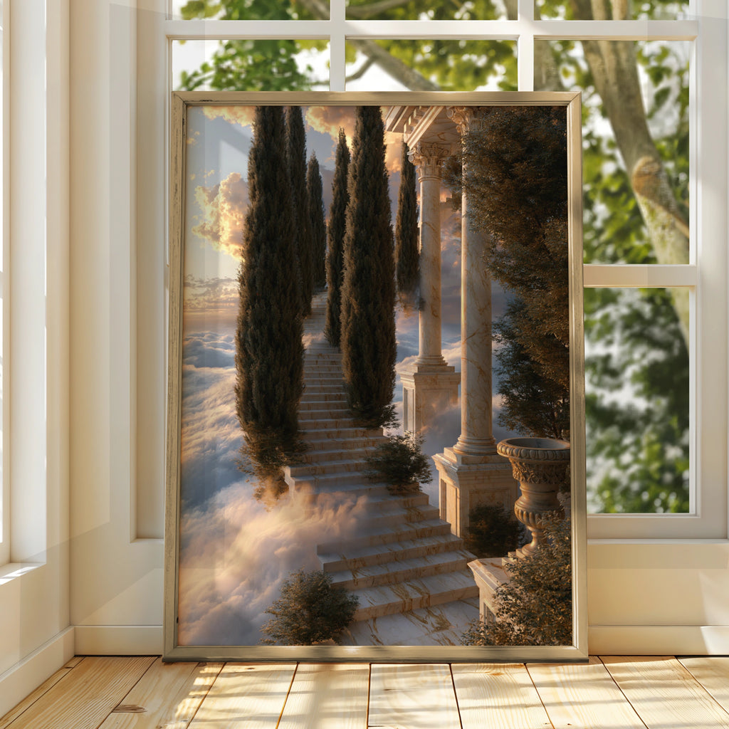 Stairway to Heaven Poster, Marble Steps Cypress Trees, Classical Architecture Art Print