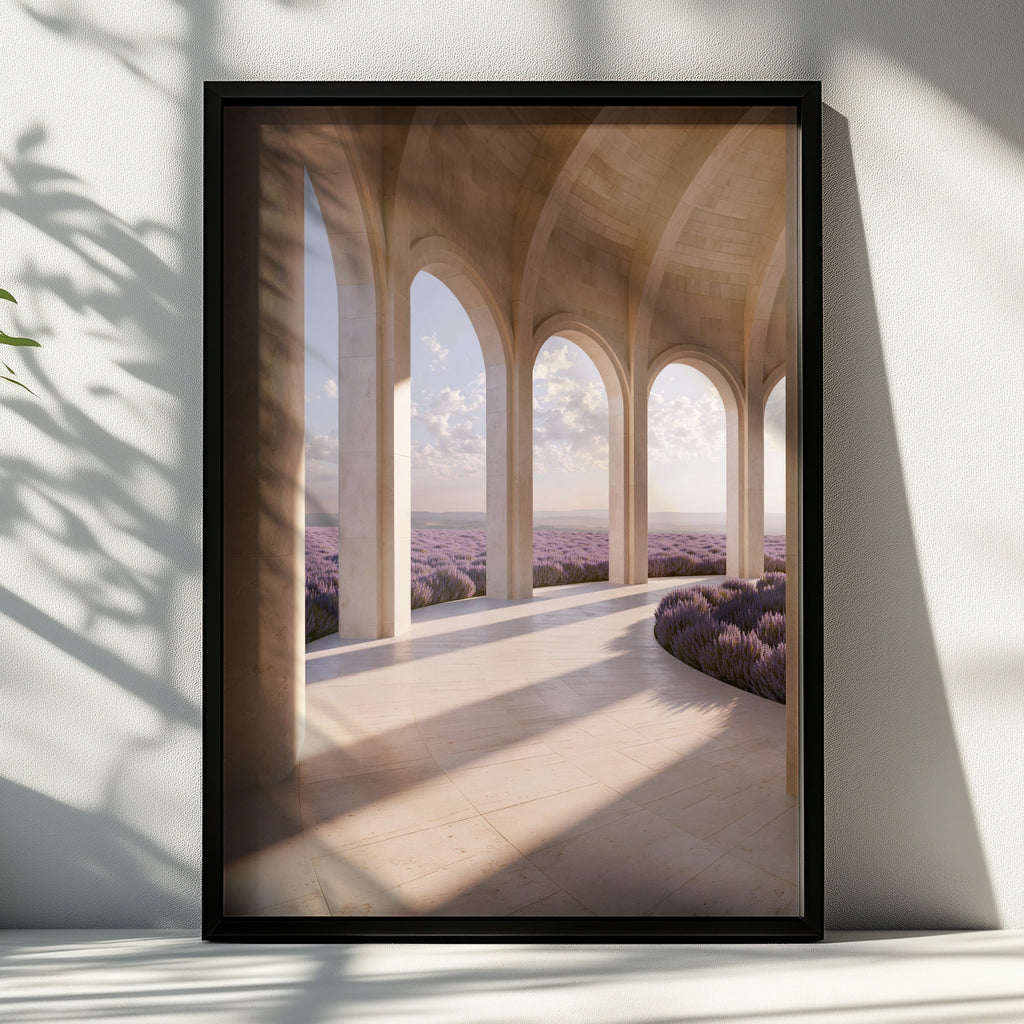 Lavender Field Arches Poster, Travertine Colonnade Wall Art, Botanical Architecture Print