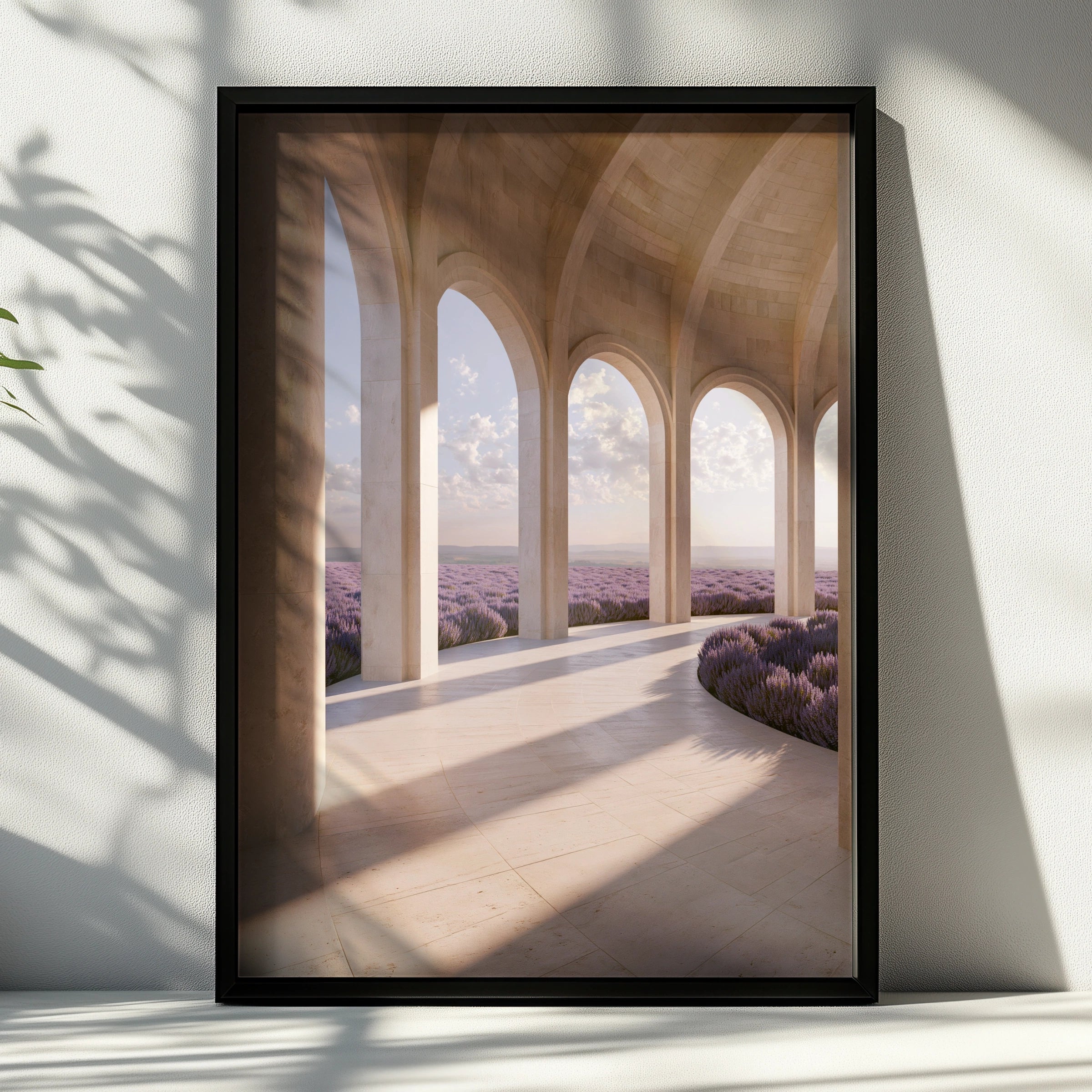 Lavender Field Arches Poster, Travertine Colonnade Wall Art, Botanical Architecture Print