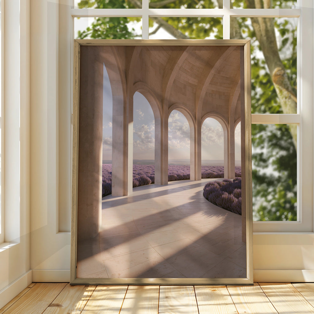 Lavender Field Arches Poster, Travertine Colonnade Wall Art, Botanical Architecture Print
