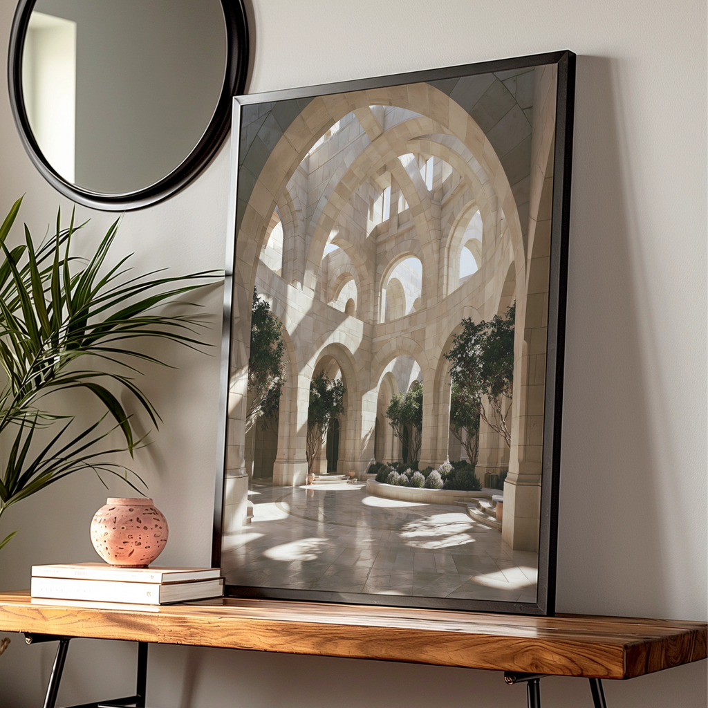 Travertine Courtyard Arches Poster, Stone Architecture Print, Neutral Beige Wall Art
