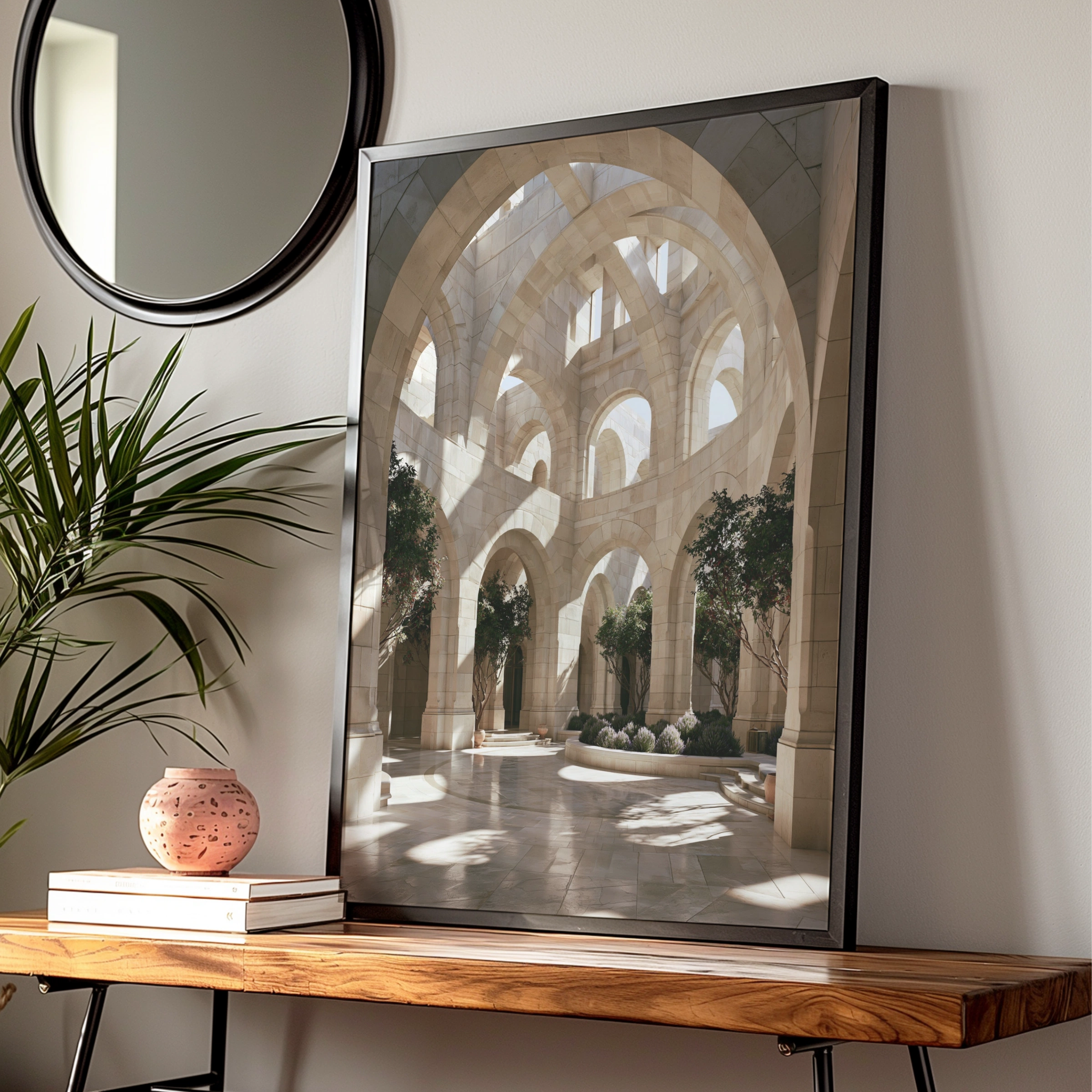 Travertine Courtyard Arches Poster, Stone Architecture Print, Neutral Beige Wall Art