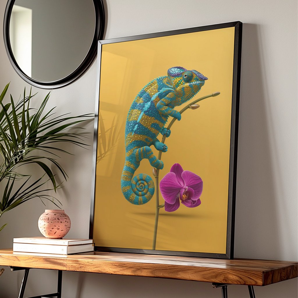 Chameleon Orchid Poster, Teal Yellow Wall Art, Tropical Animal Print