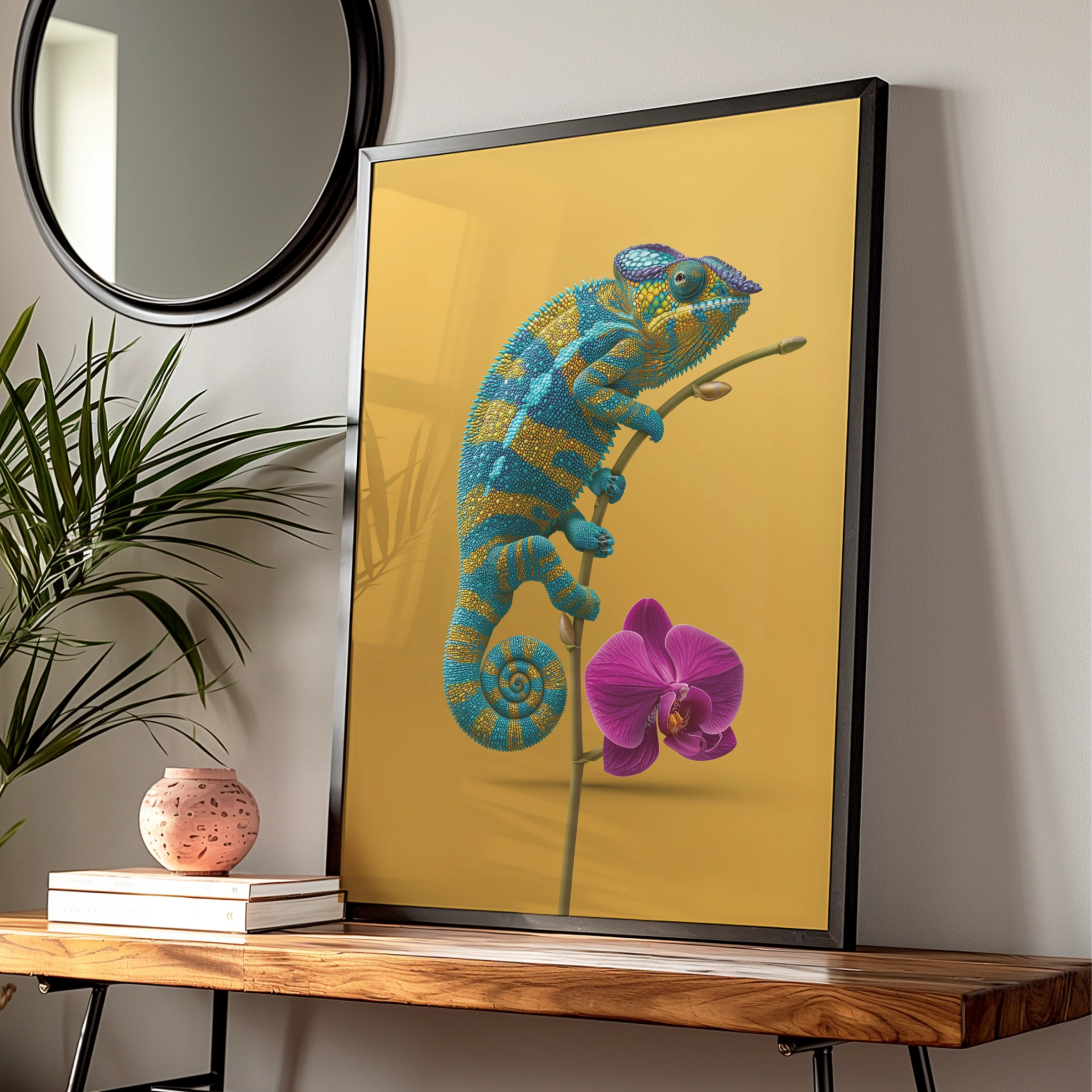 Chameleon Orchid Poster, Teal Yellow Wall Art, Tropical Animal Print
