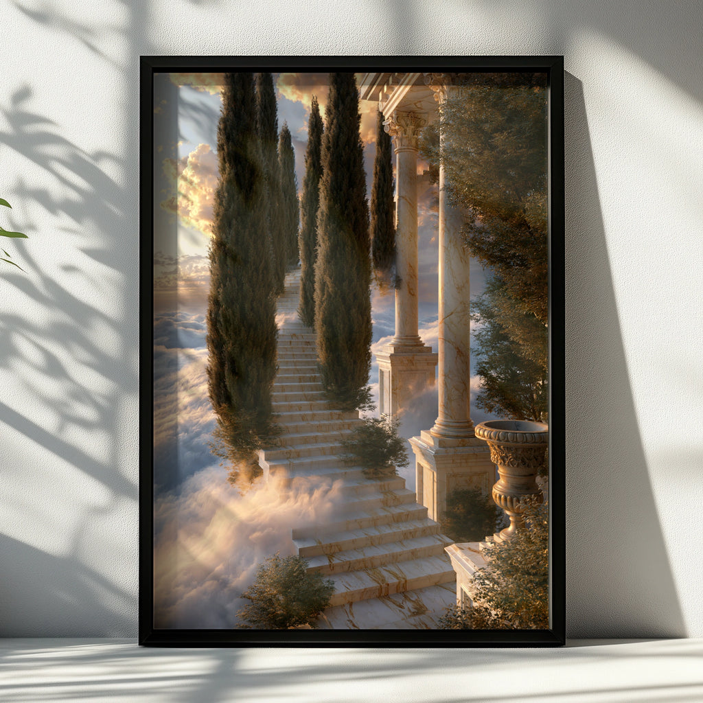 Stairway to Heaven Poster, Marble Steps Cypress Trees, Classical Architecture Art Print