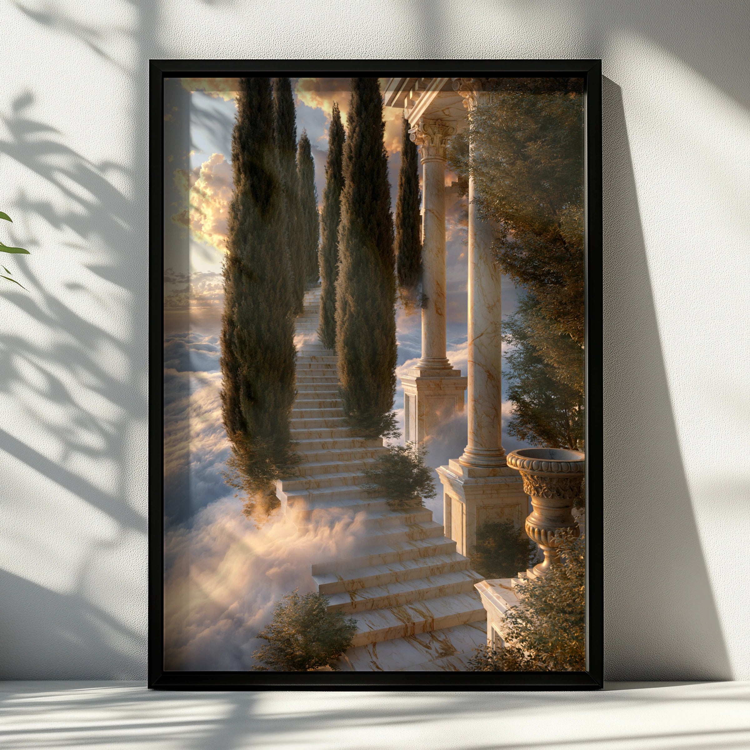 Stairway to Heaven Poster, Marble Steps Cypress Trees, Classical Architecture Art Print