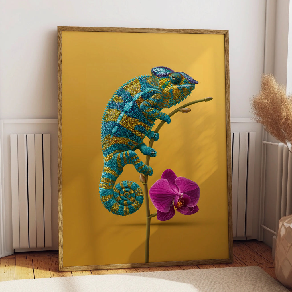 Chameleon Orchid Poster, Teal Yellow Wall Art, Tropical Animal Print