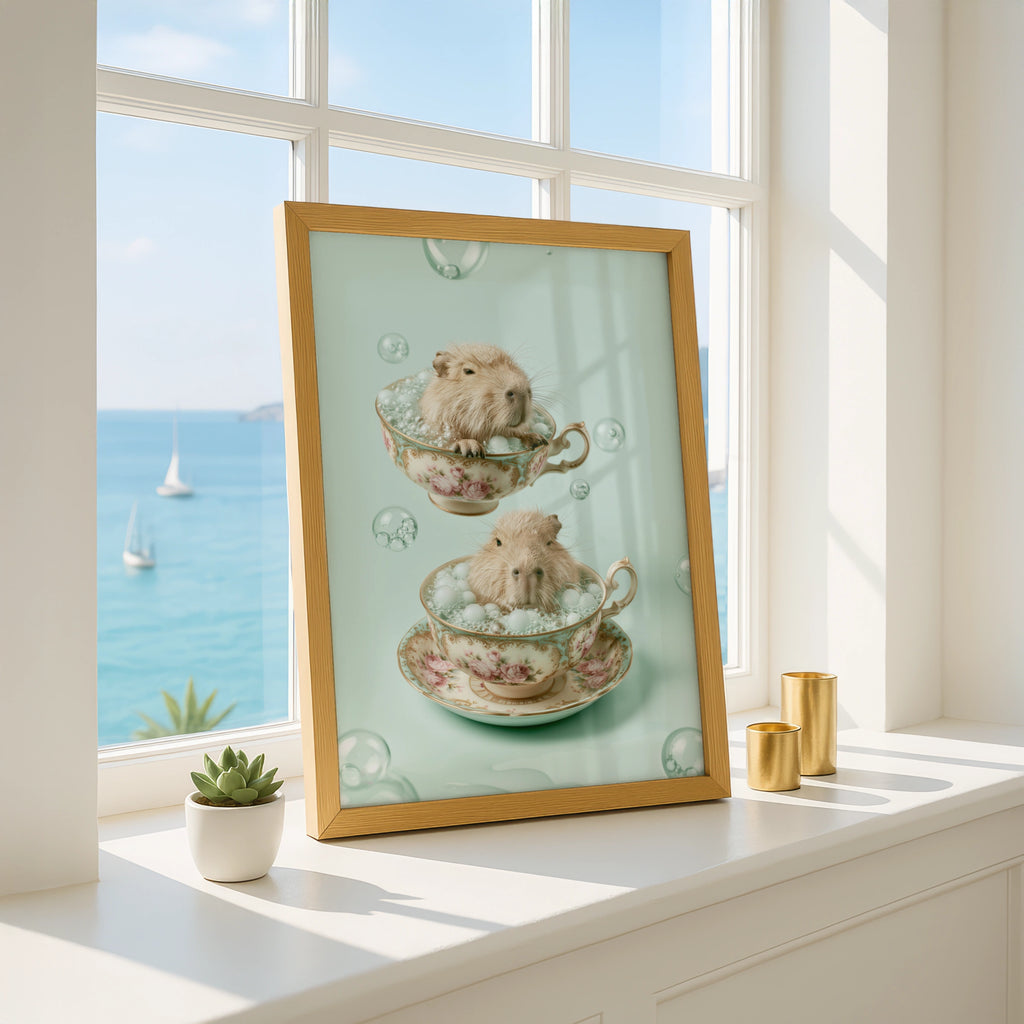 Capybara in Teacup Poster, Cute Animal Wall Art, Whimsical Print
