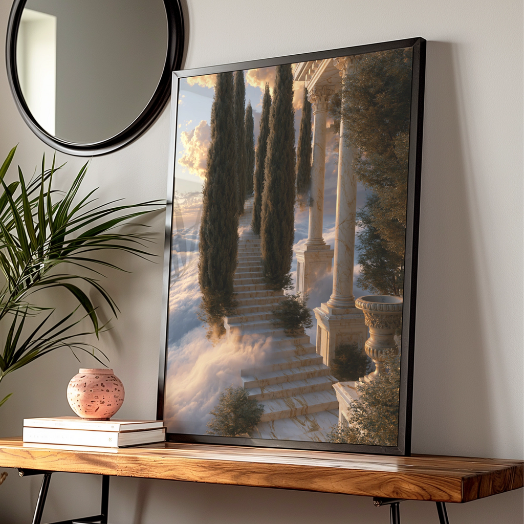 Stairway to Heaven Poster, Marble Steps Cypress Trees, Classical Architecture Art Print