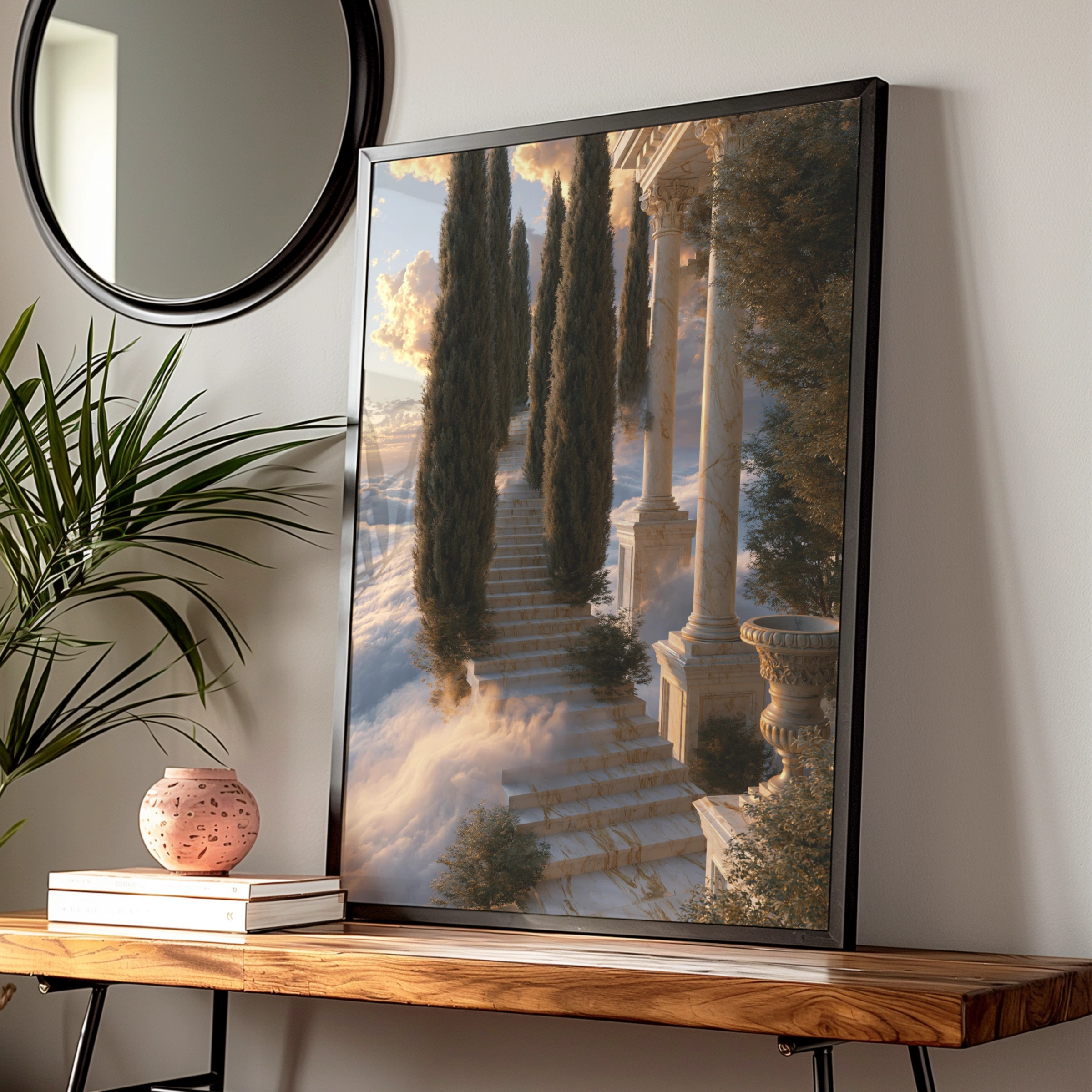 Stairway to Heaven Poster, Marble Steps Cypress Trees, Classical Architecture Art Print