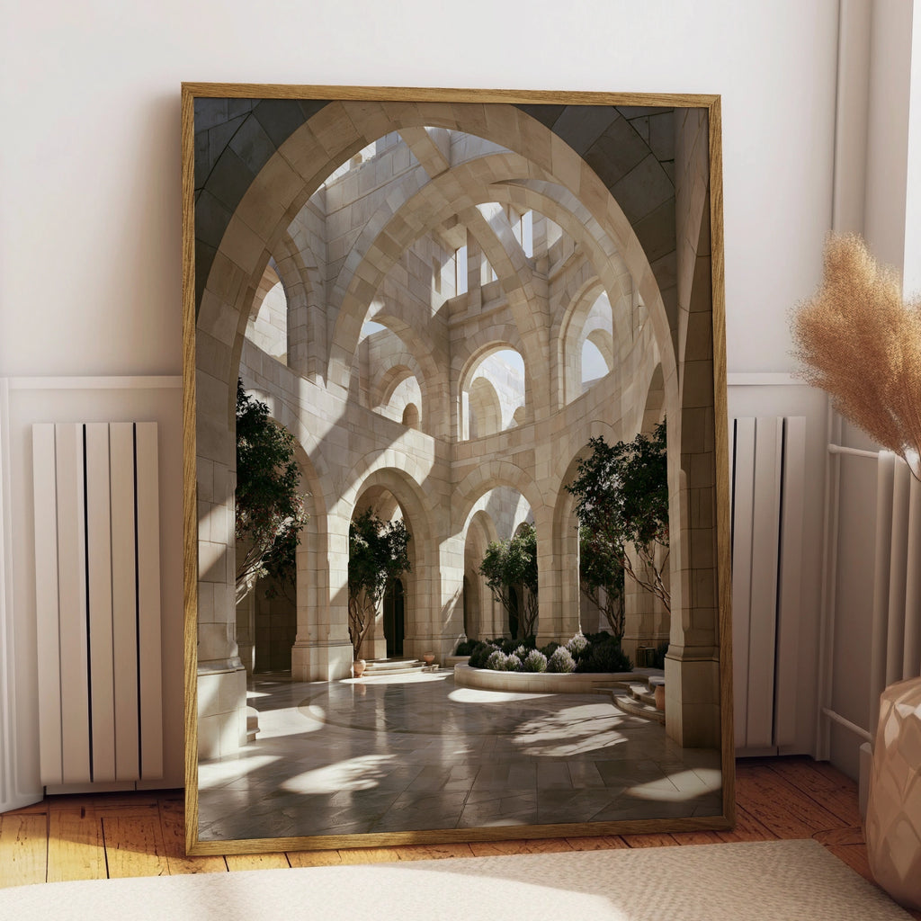 Travertine Courtyard Arches Poster, Stone Architecture Print, Neutral Beige Wall Art