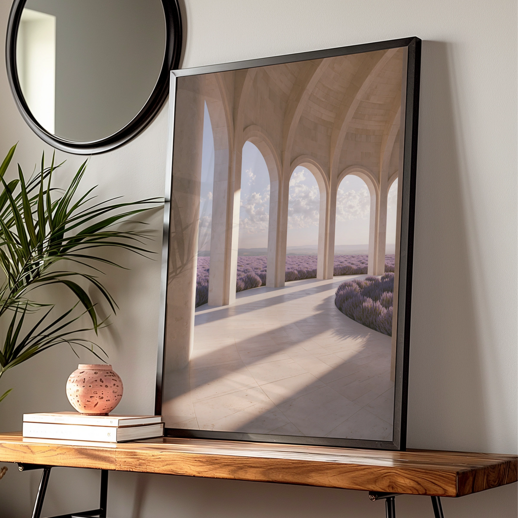 Lavender Field Arches Poster, Travertine Colonnade Wall Art, Botanical Architecture Print