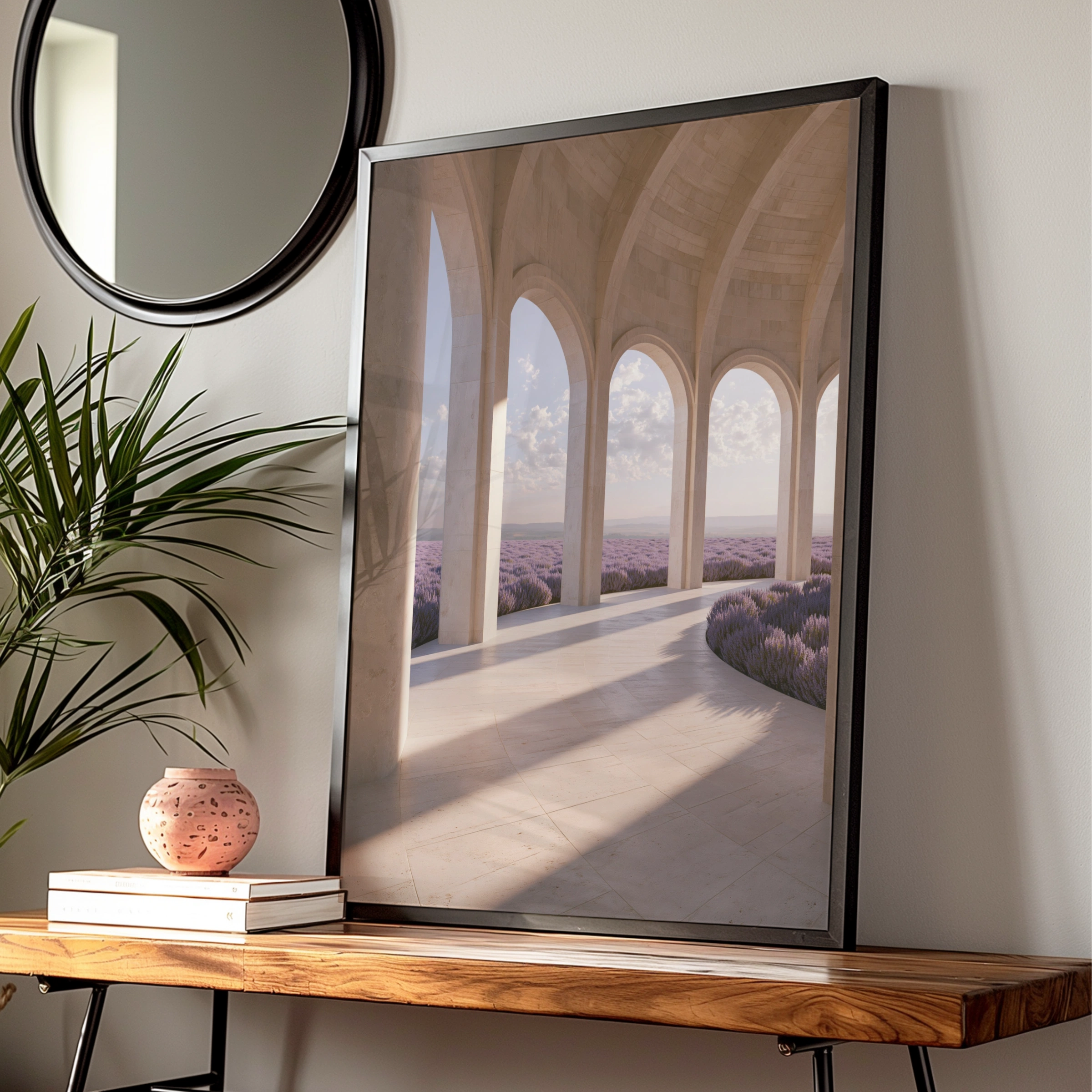 Lavender Field Arches Poster, Travertine Colonnade Wall Art, Botanical Architecture Print