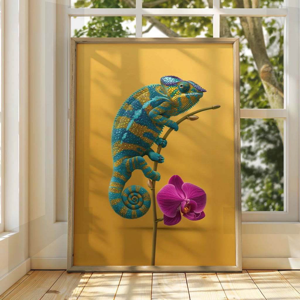 Chameleon Orchid Poster, Teal Yellow Wall Art, Tropical Animal Print