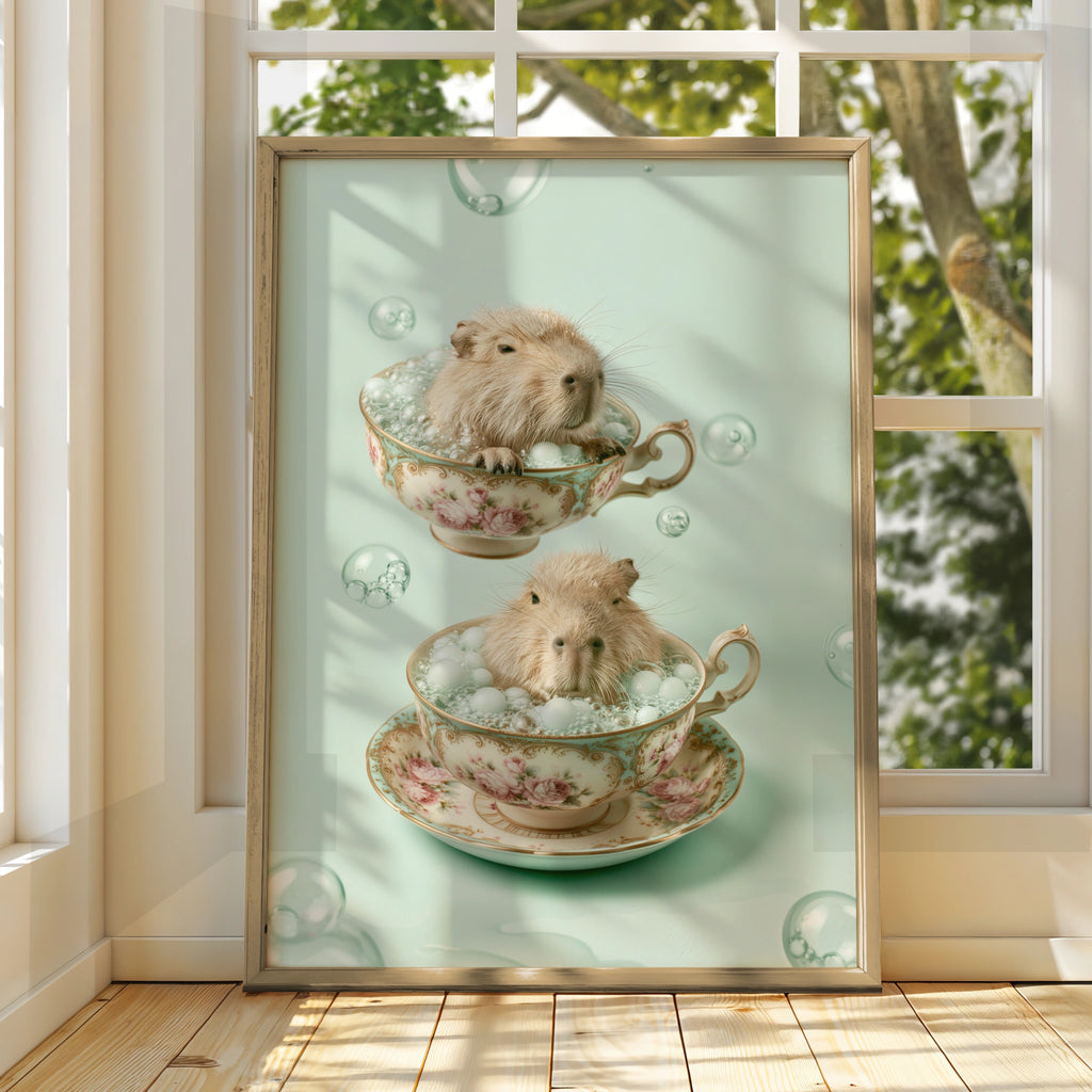 Capybara in Teacup Poster, Cute Animal Wall Art, Whimsical Print