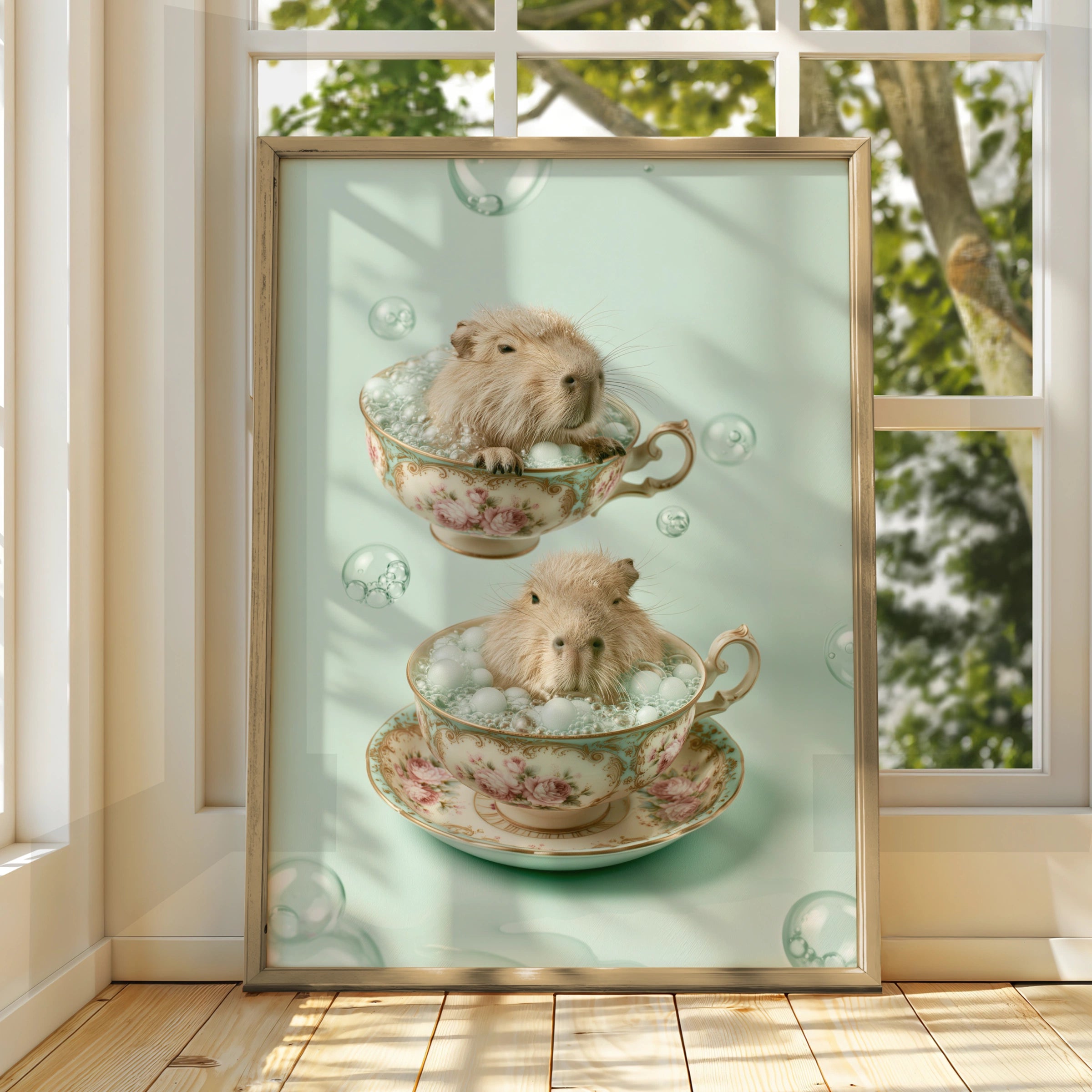 Capybara in Teacup Poster, Cute Animal Wall Art, Whimsical Print