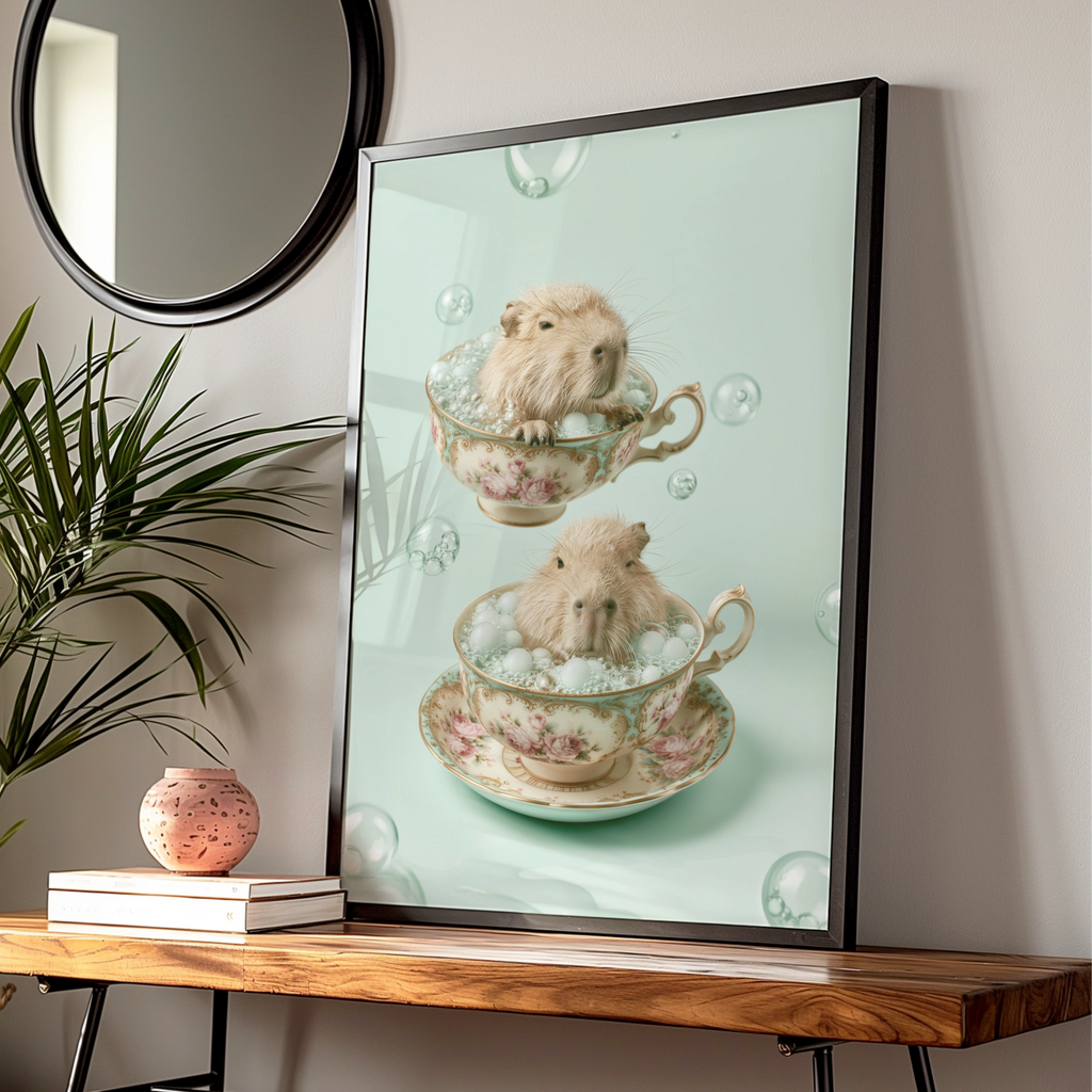 Capybara in Teacup Poster, Cute Animal Wall Art, Whimsical Print