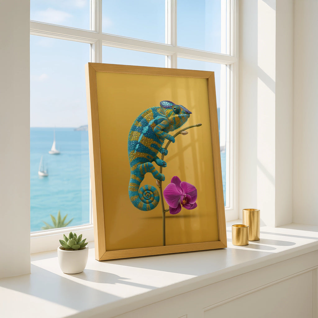Chameleon Orchid Poster, Teal Yellow Wall Art, Tropical Animal Print