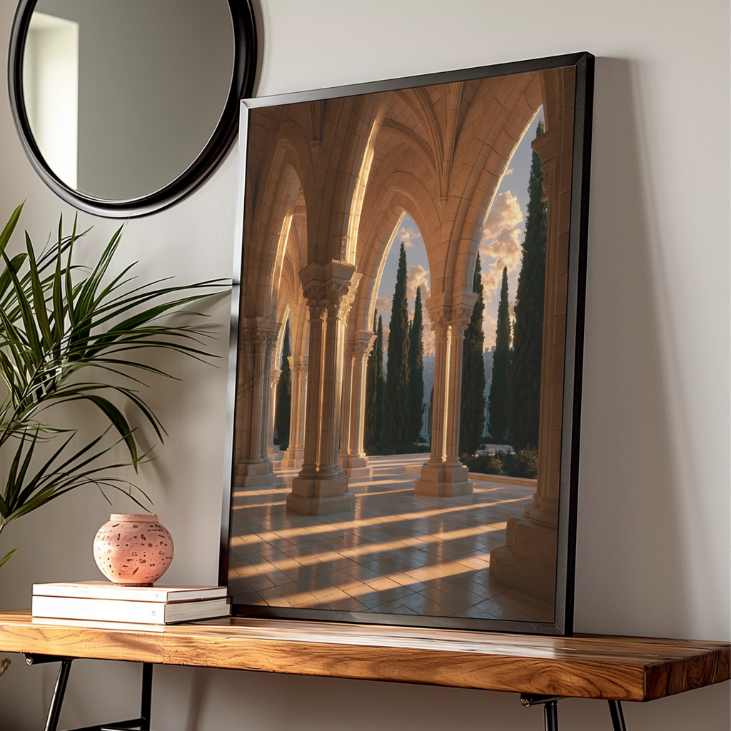 Gothic Church Cloister Poster, Travertine Arches Cypress Trees, Architecture Print
