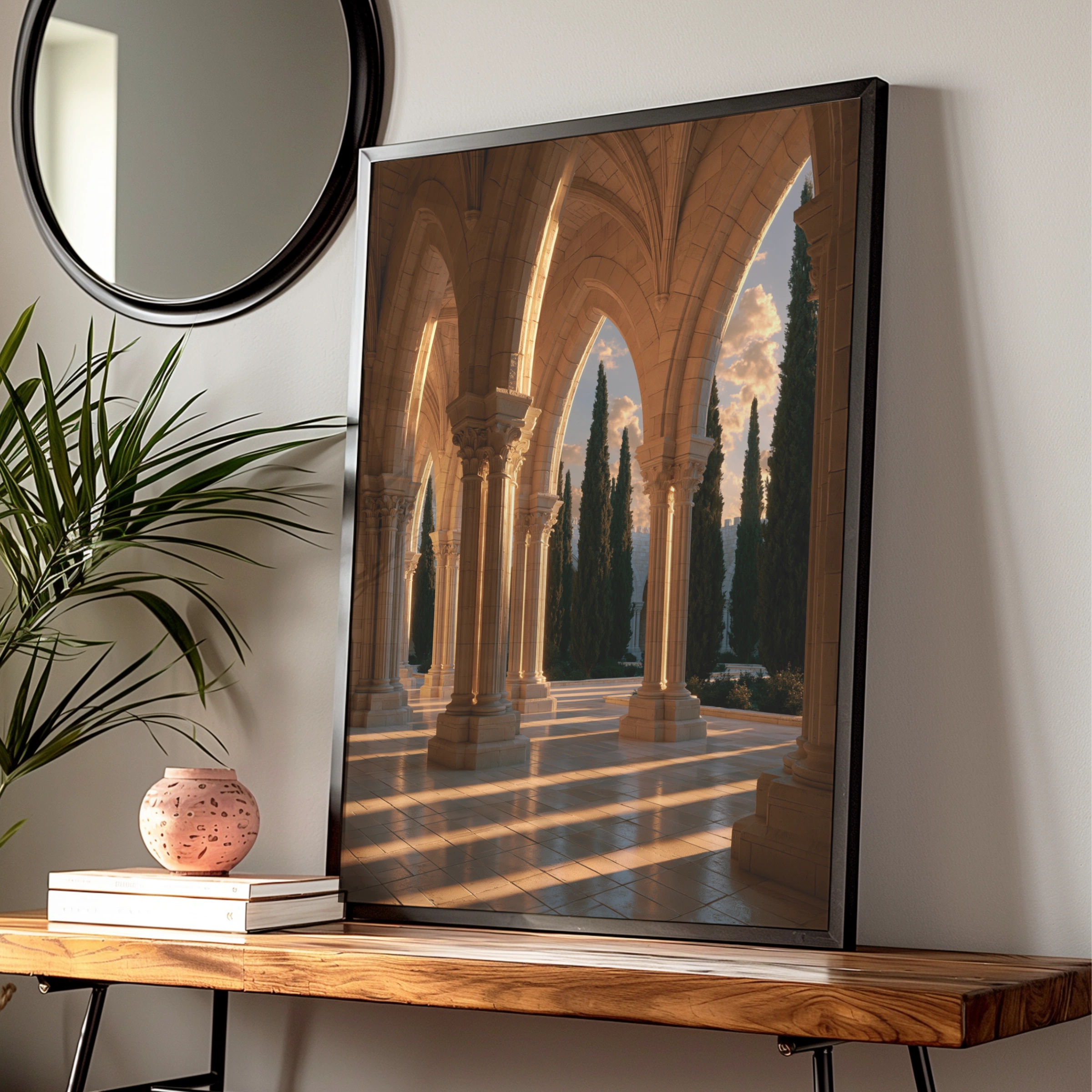 Gothic Church Cloister Poster, Travertine Arches Cypress Trees, Architecture Print
