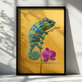 Chameleon Orchid Poster, Teal Yellow Wall Art, Tropical Animal Print