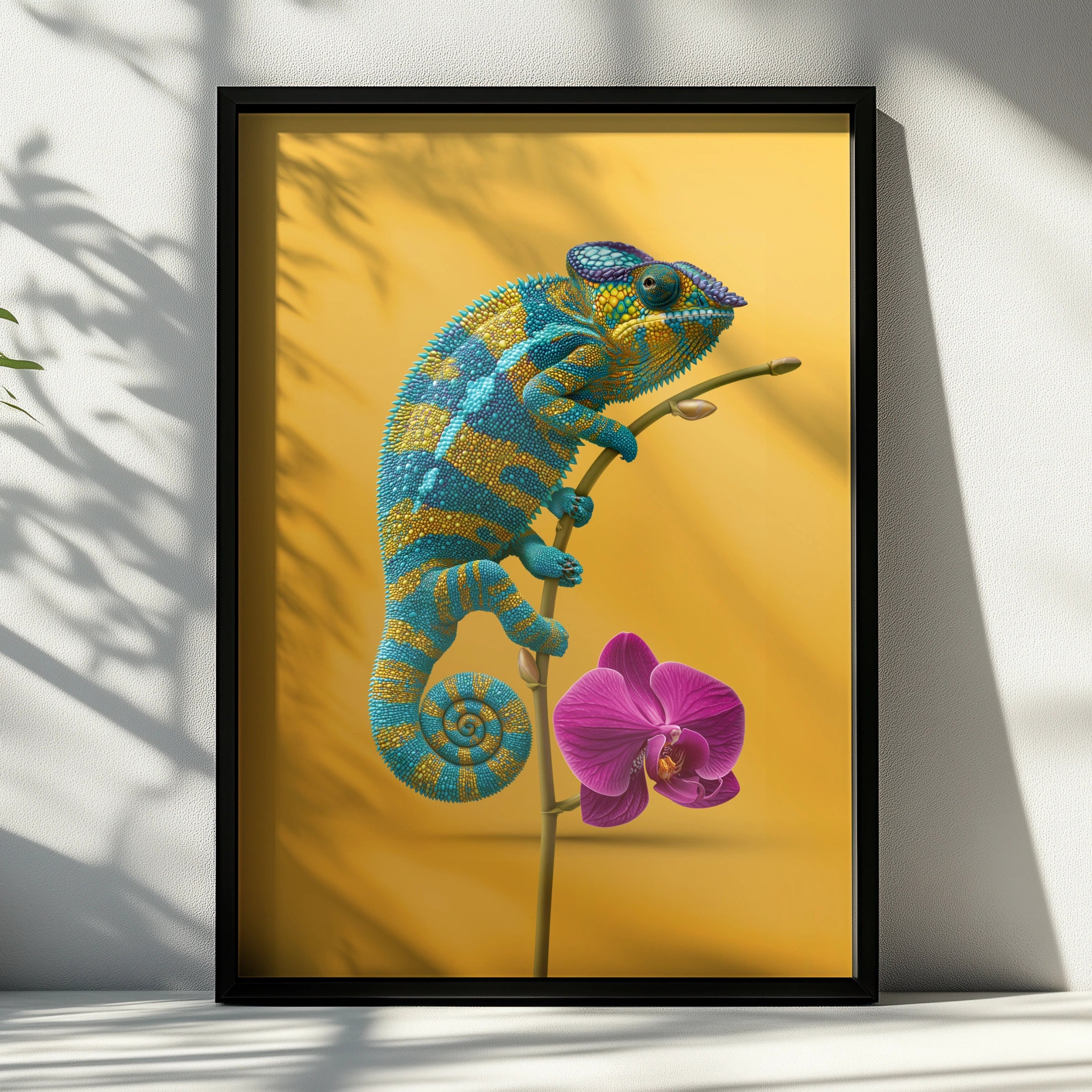 Chameleon Orchid Poster, Teal Yellow Wall Art, Tropical Animal Print