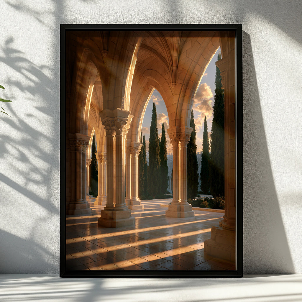 Gothic Church Cloister Poster, Travertine Arches Cypress Trees, Architecture Print