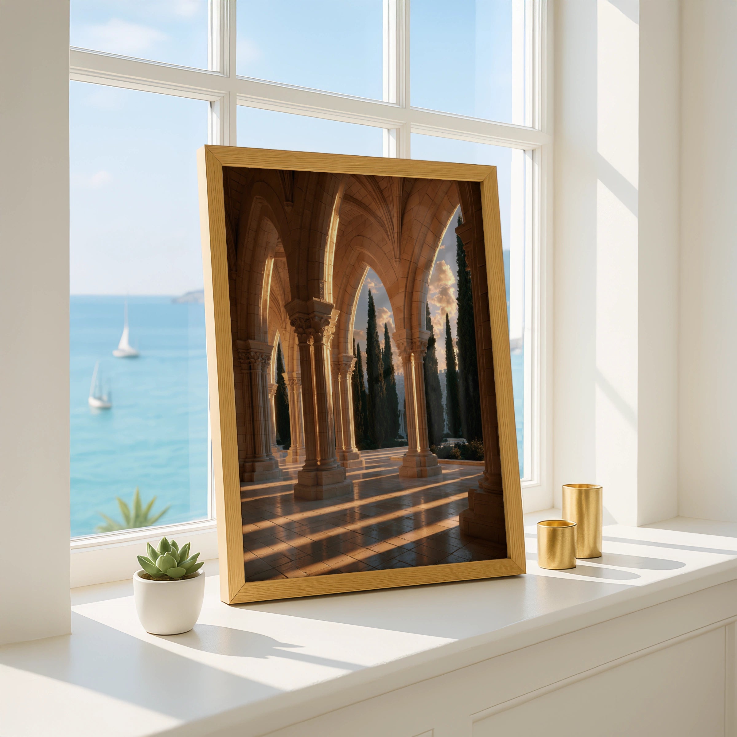 Gothic Church Cloister Poster, Travertine Arches Cypress Trees, Architecture Print