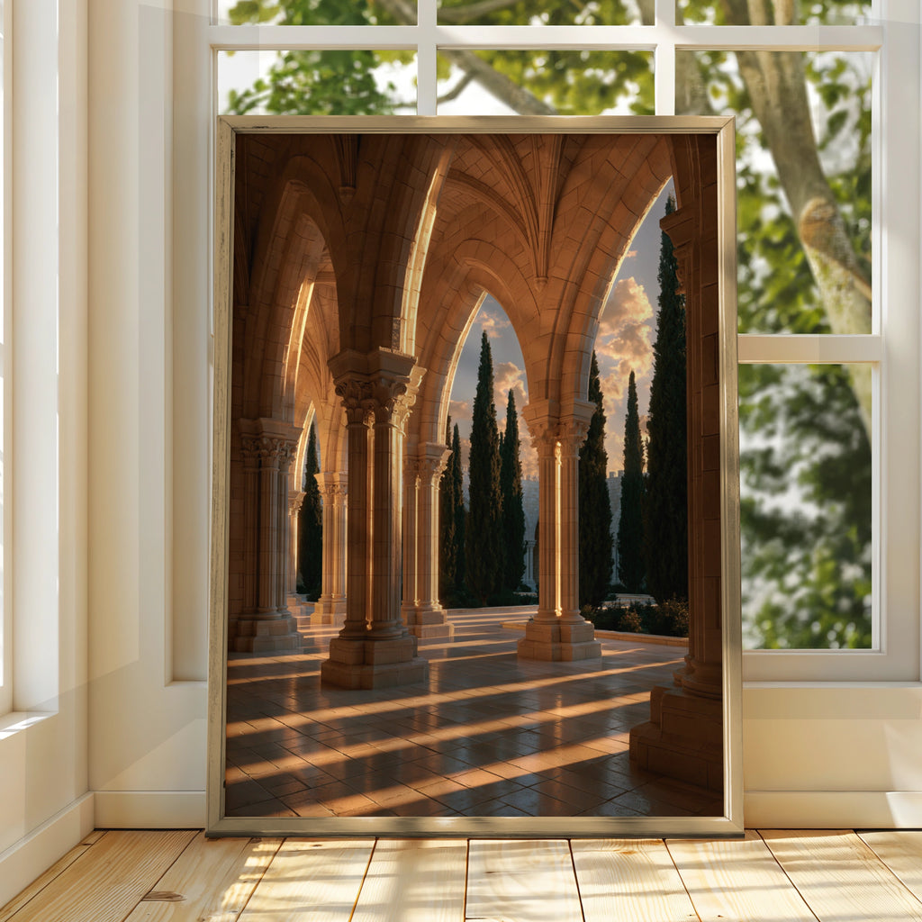 Gothic Church Cloister Poster, Travertine Arches Cypress Trees, Architecture Print