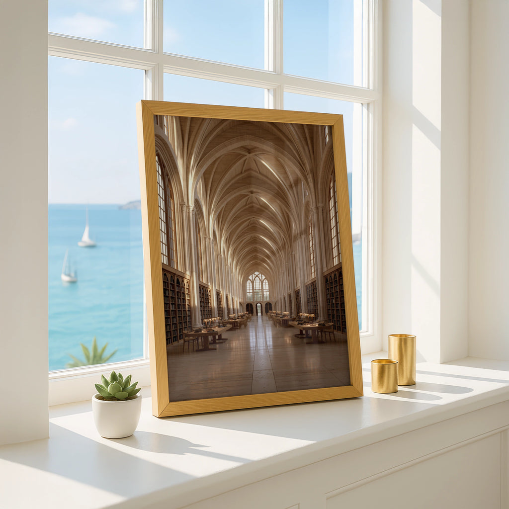 Gothic Library Interior Poster, Vaulted Ceiling Architecture Print, Warm Beige
