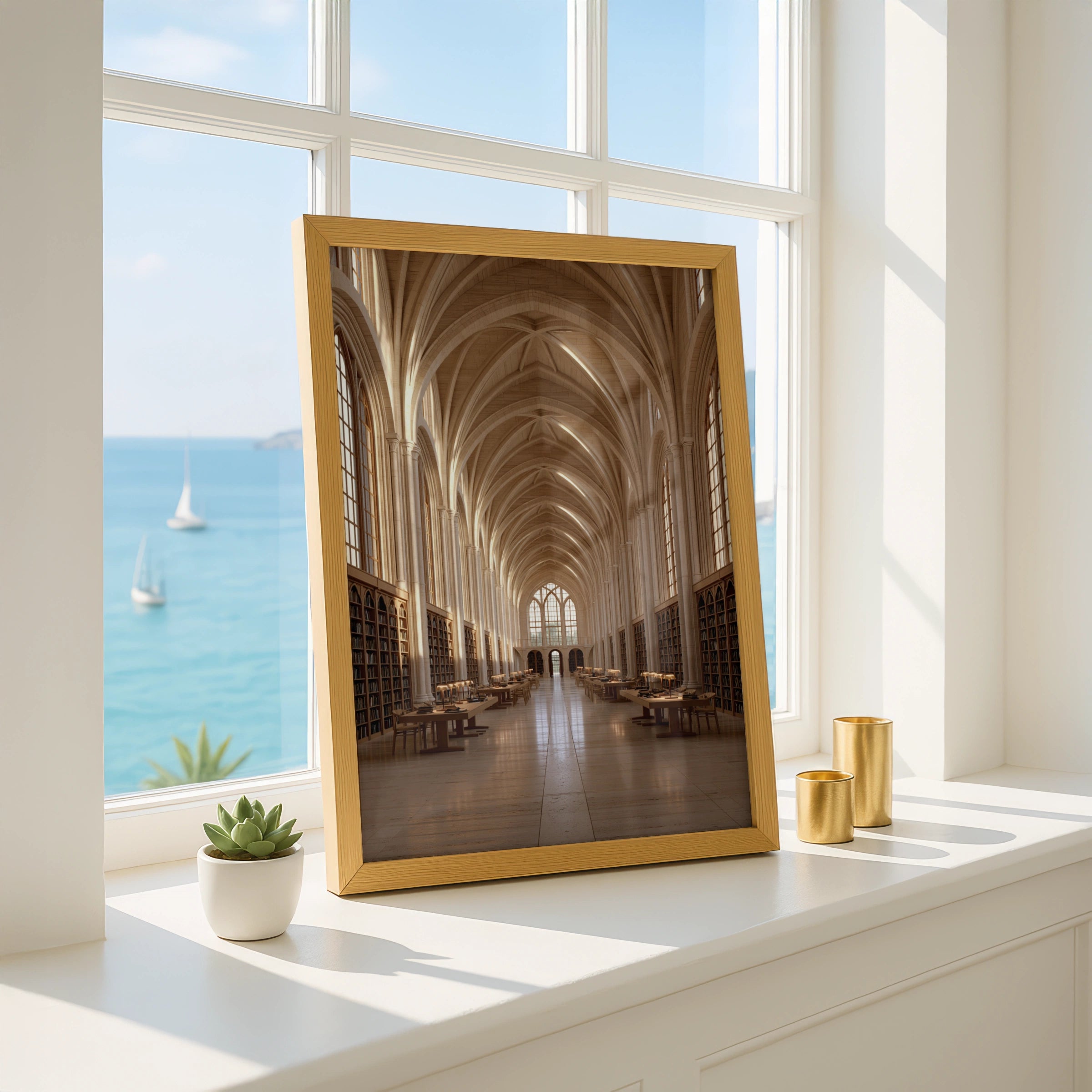 Gothic Library Interior Poster, Vaulted Ceiling Architecture Print, Warm Beige