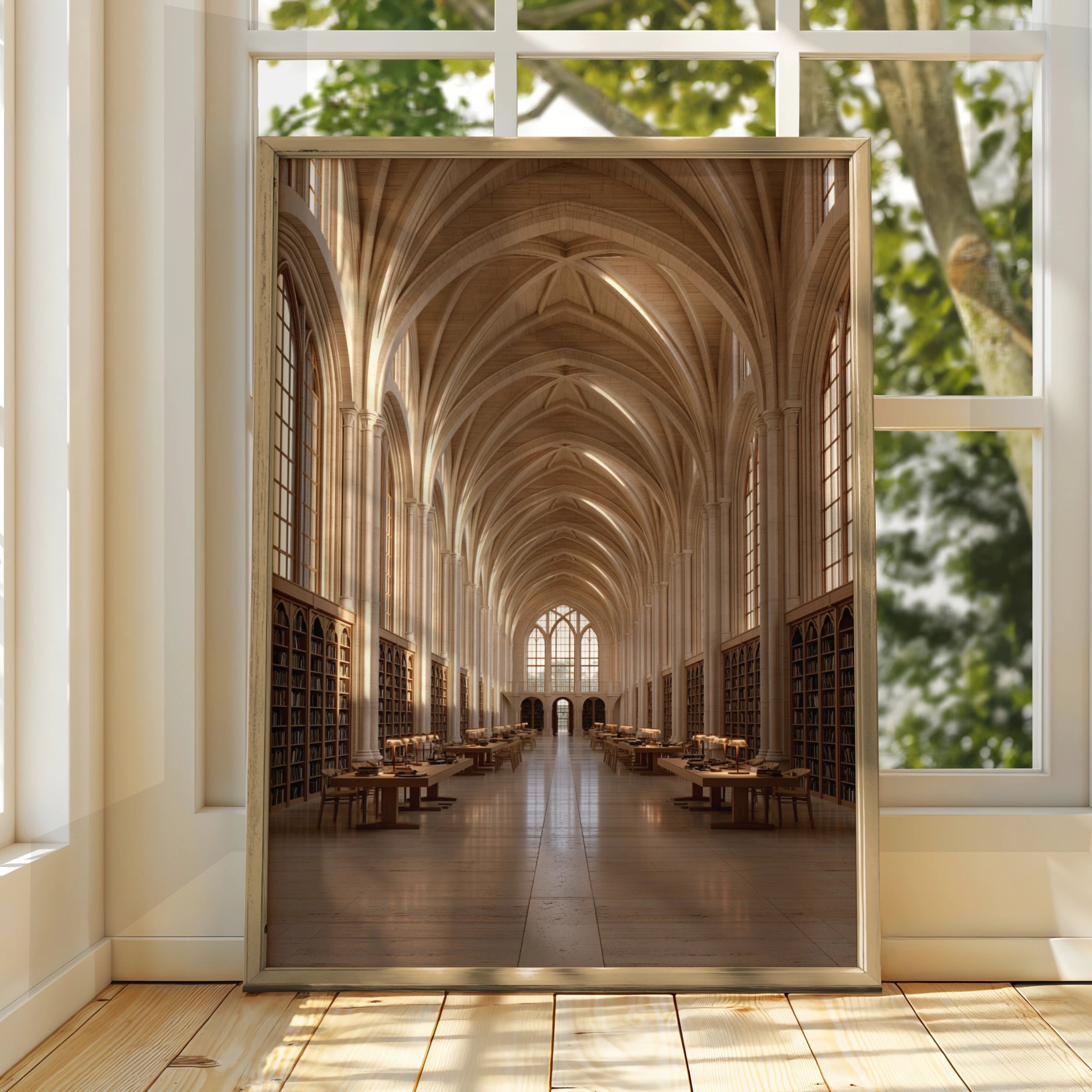 Gothic Library Interior Poster, Vaulted Ceiling Architecture Print, Warm Beige