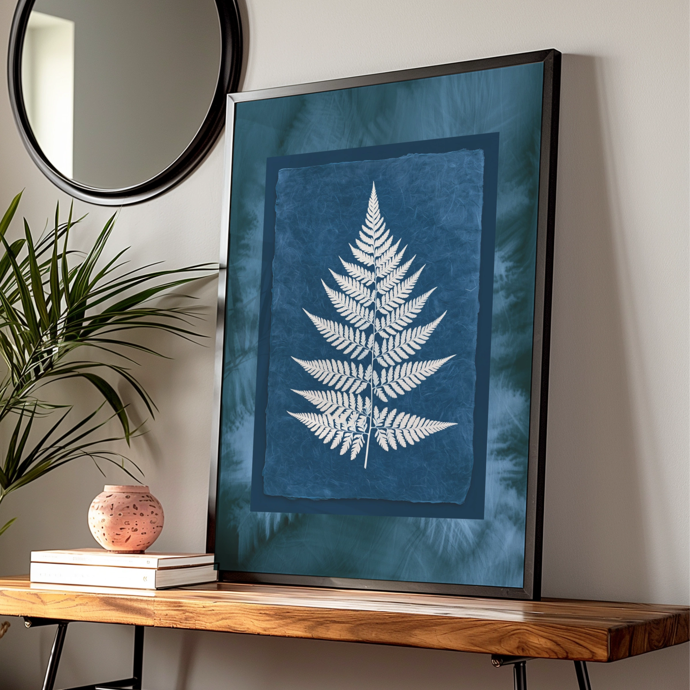 Fern Cyanotype Poster, Navy Blue White Botanical Wall Art Print