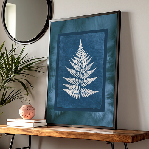 Fern Cyanotype Poster, Navy Blue White Botanical Wall Art Print