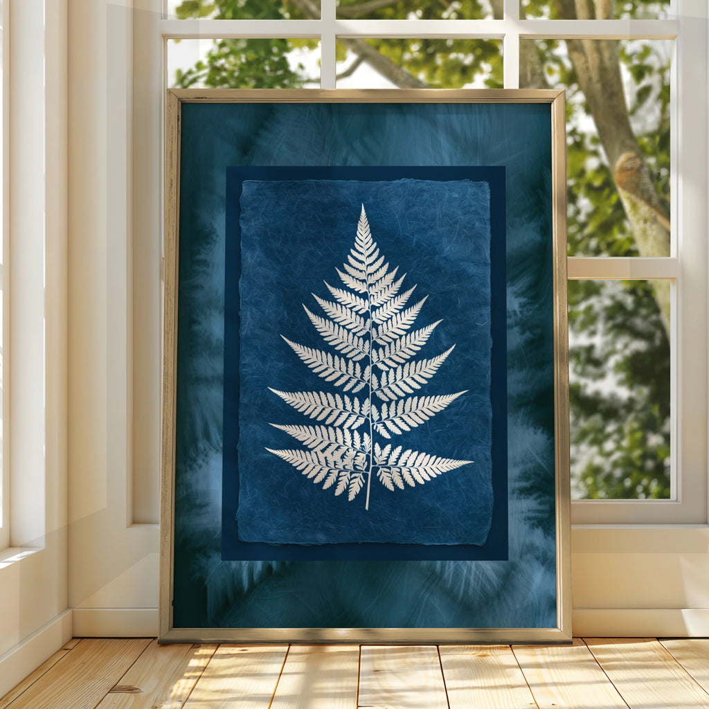 Fern Cyanotype Poster, Navy Blue White Botanical Wall Art Print