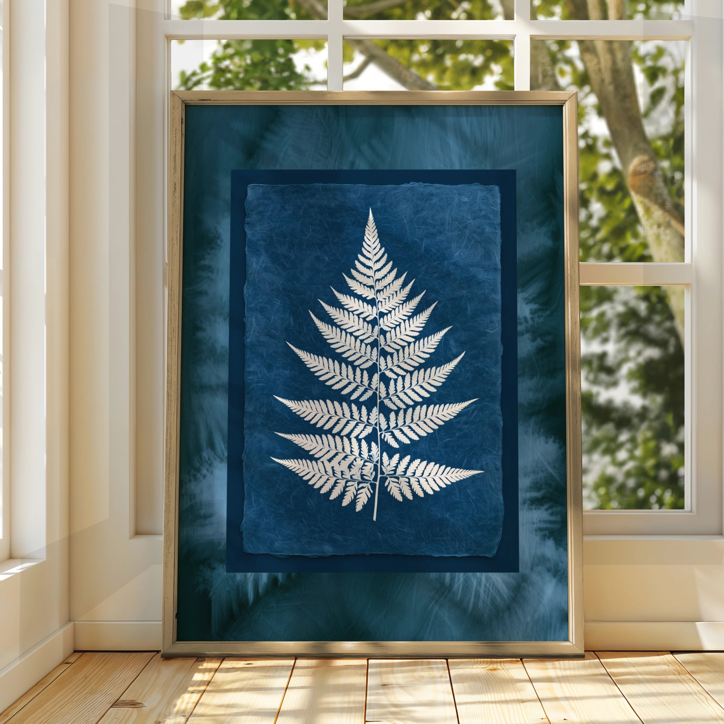 Fern Cyanotype Poster, Navy Blue White Botanical Wall Art Print