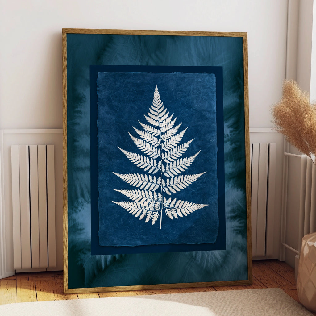 Fern Cyanotype Poster, Navy Blue White Botanical Wall Art Print
