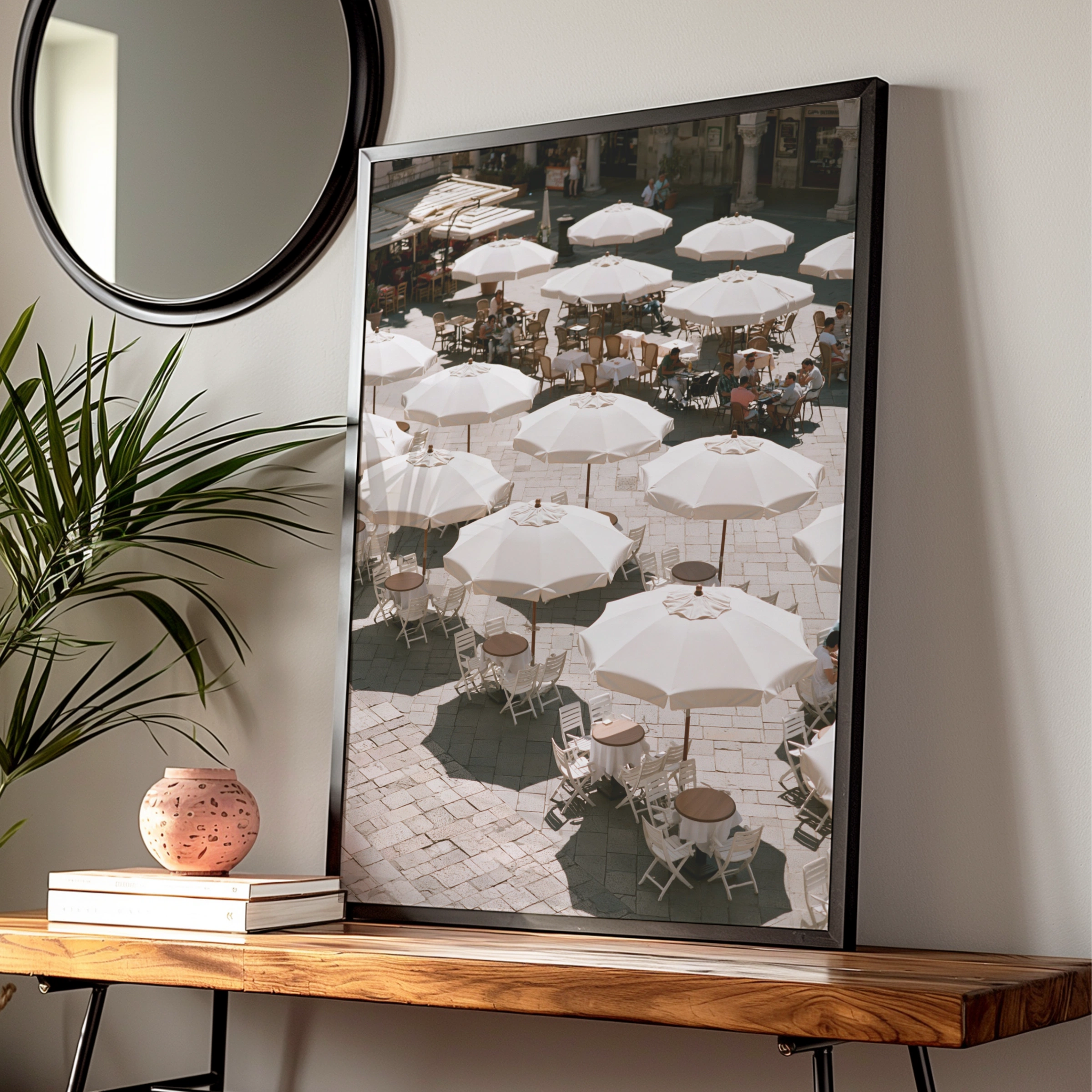 Italian Piazza White Umbrellas Wall Art Poster, Mediterranean Cafe Print