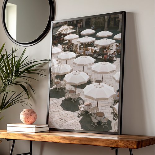 Italian Piazza White Umbrellas Wall Art Poster, Mediterranean Cafe Print