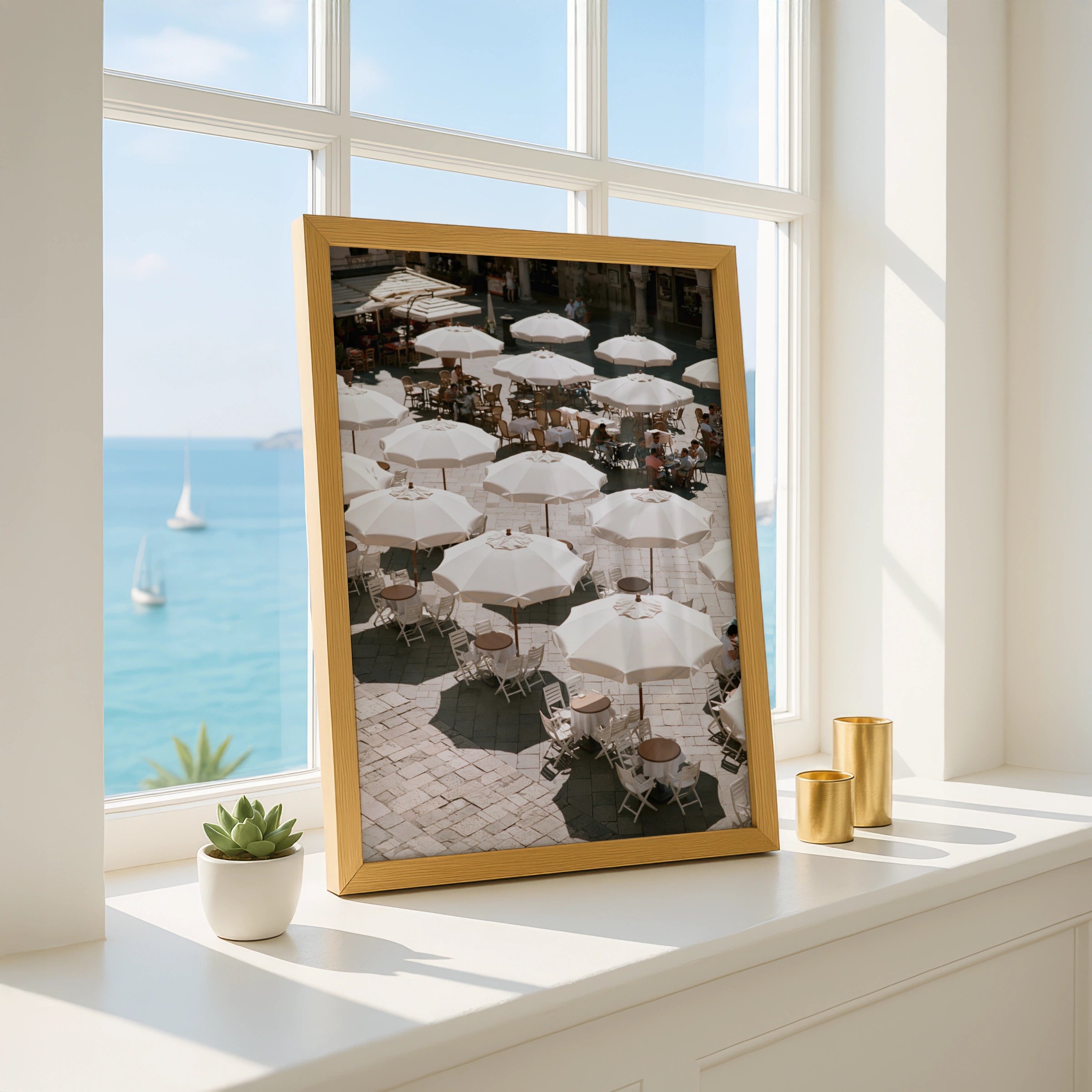 Italian Piazza White Umbrellas Wall Art Poster, Mediterranean Cafe Print