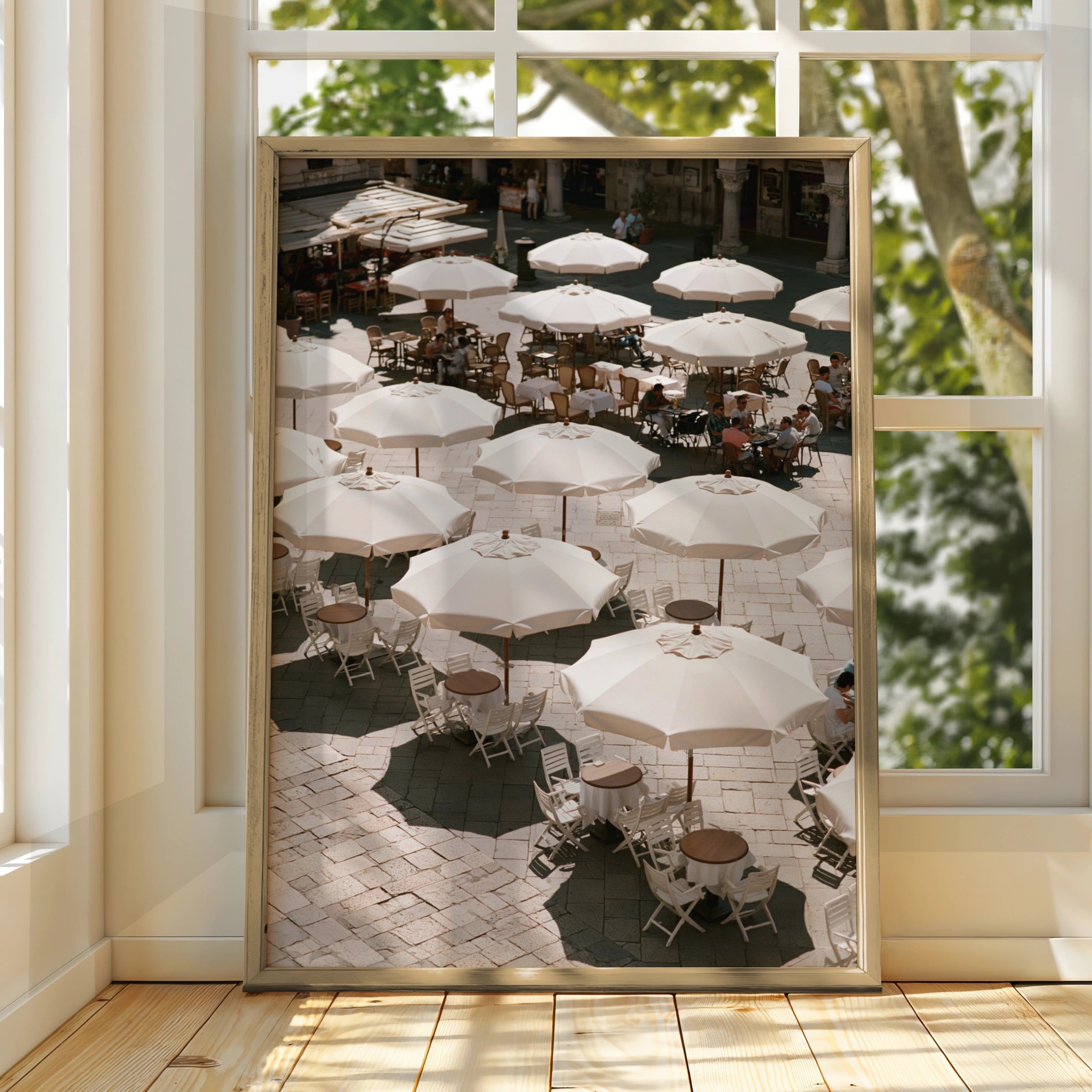 Italian Piazza White Umbrellas Wall Art Poster, Mediterranean Cafe Print